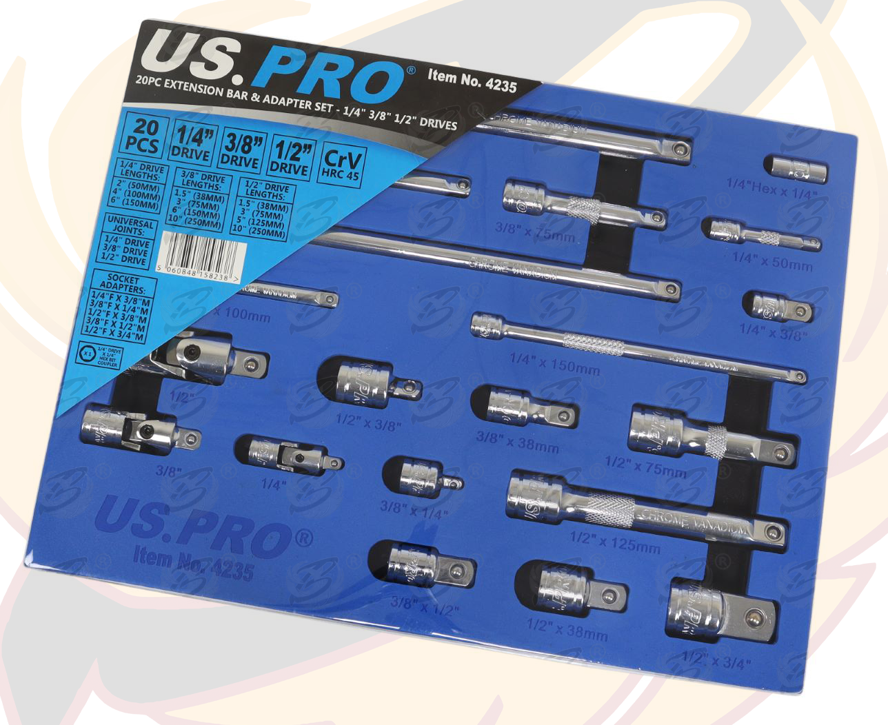 US Pro 20 Piece 1/4" & 3/8" & 1/2" Drive Extension Bars 50mm - 250mm 4235