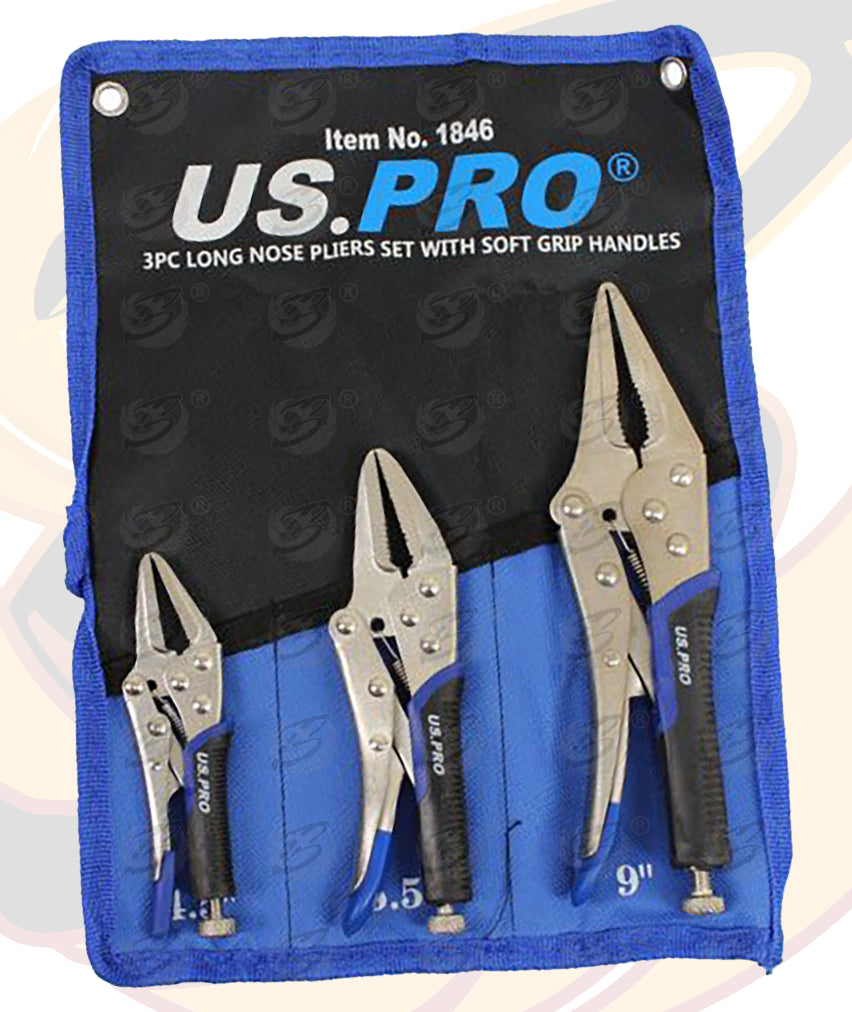 US PRO 3PC LONG NOSE PLIERS SET WITH SOFT GRIP HANDLES