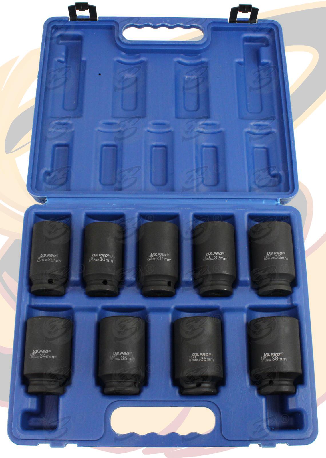 US PRO 9PCS 1/2" DRIVE 12 POINT DEEP IMPACT SOCKETS 29MM - 38MM