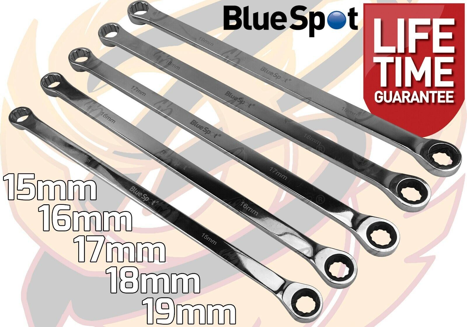 BlueSpot 10 Piece Single Ring Extra Long Ratchet Aviation Spanners 8mm - 19mm 04307