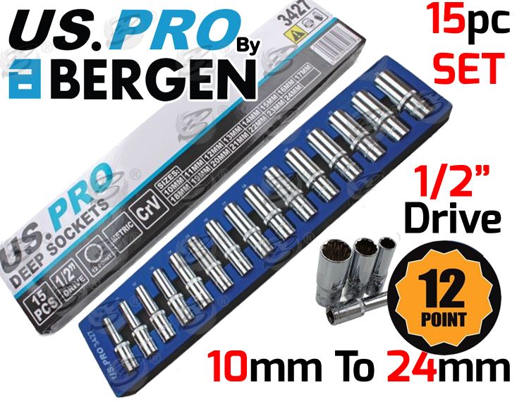 US Pro 15 Piece 1/2" Drive 12 Point Deep Sockets 10mm - 24mm 3427