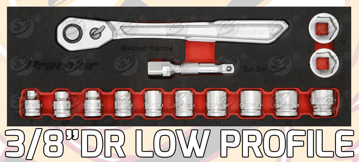 SEALEY 14PCS 3/8" DRIVE 6 POINT 90 TOOTH LOW PROFILE SOCKET SET 8MM - 19MM