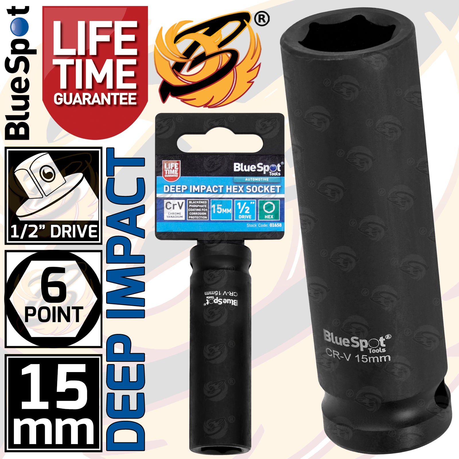 BLUESPOT 15MM 1/2" DRIVE 6 POINT DEEP IMPACT SOCKET ( SINGLE )