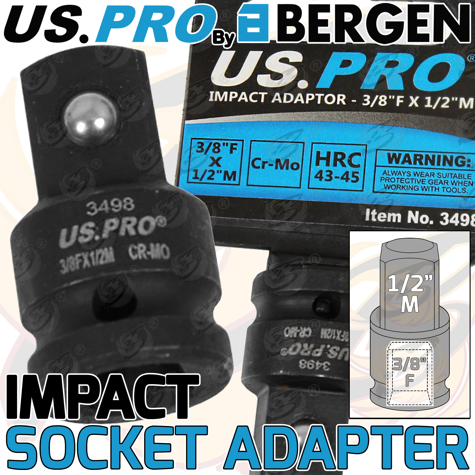 US Pro Impact Socket Ada Pointer 3/8" Drive Up To 1/2" Drive ( 3498 )