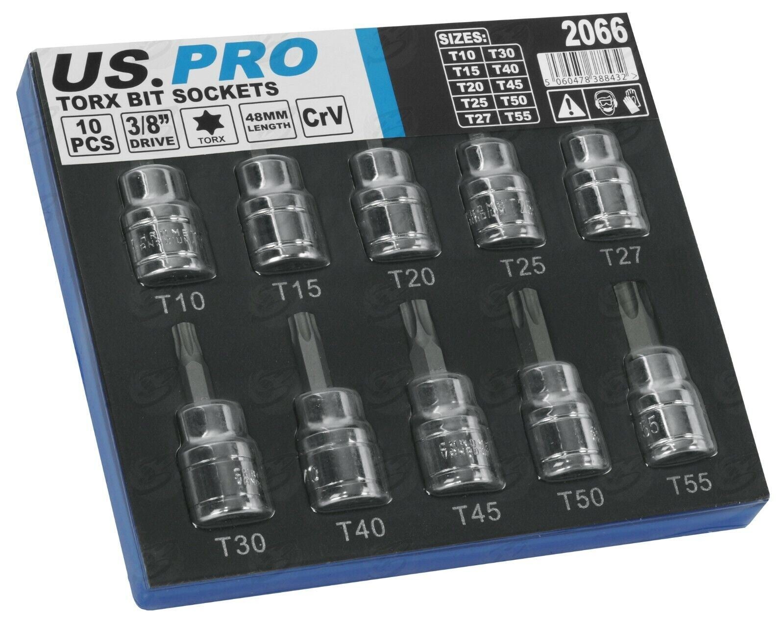US Pro 10 Piece 3/8" Drive Torx Bit Sockets T10 - T56 2066