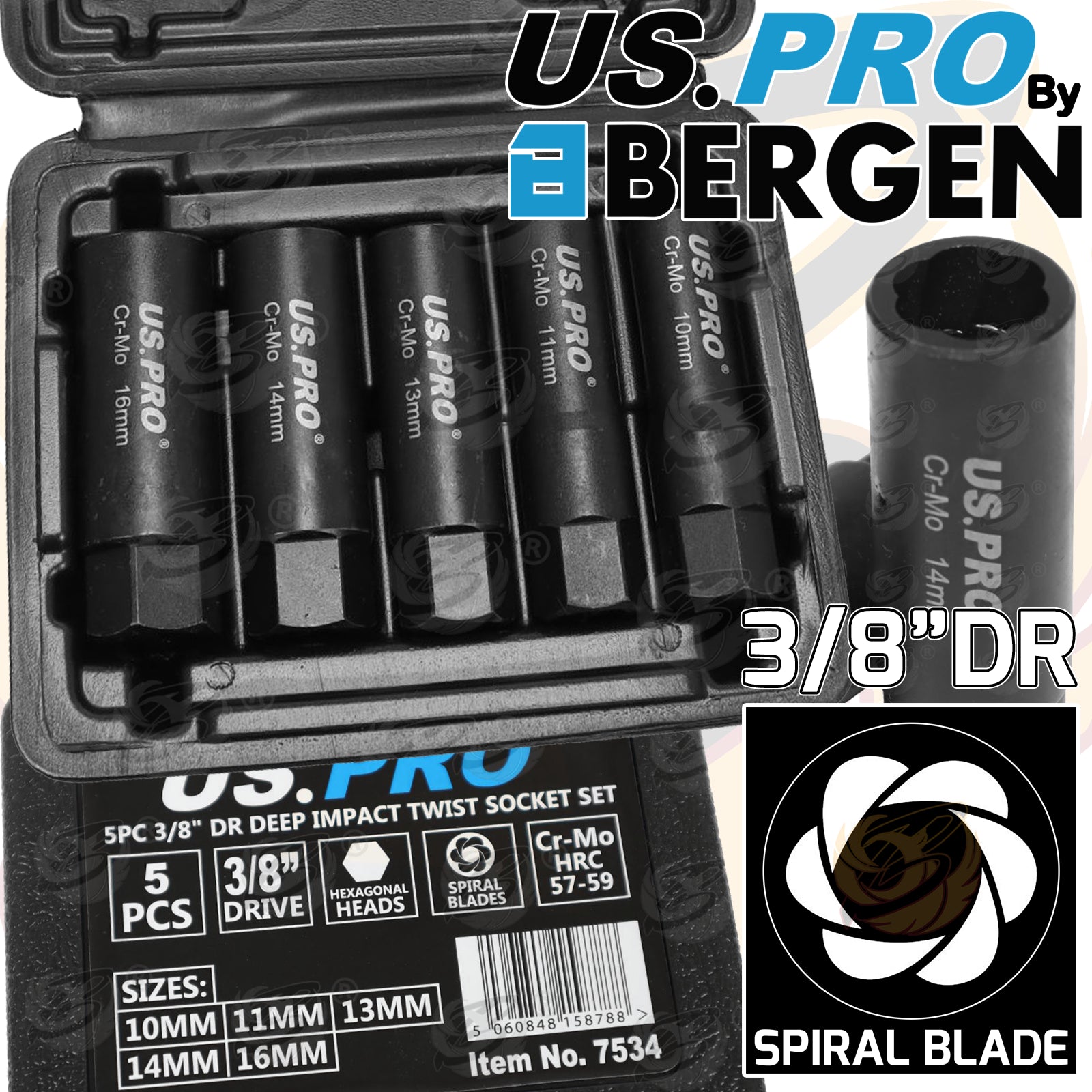 US PRO 5PCS 3/8" DRIVE IMPACT TWIST SOCKETS 10MM - 16MM