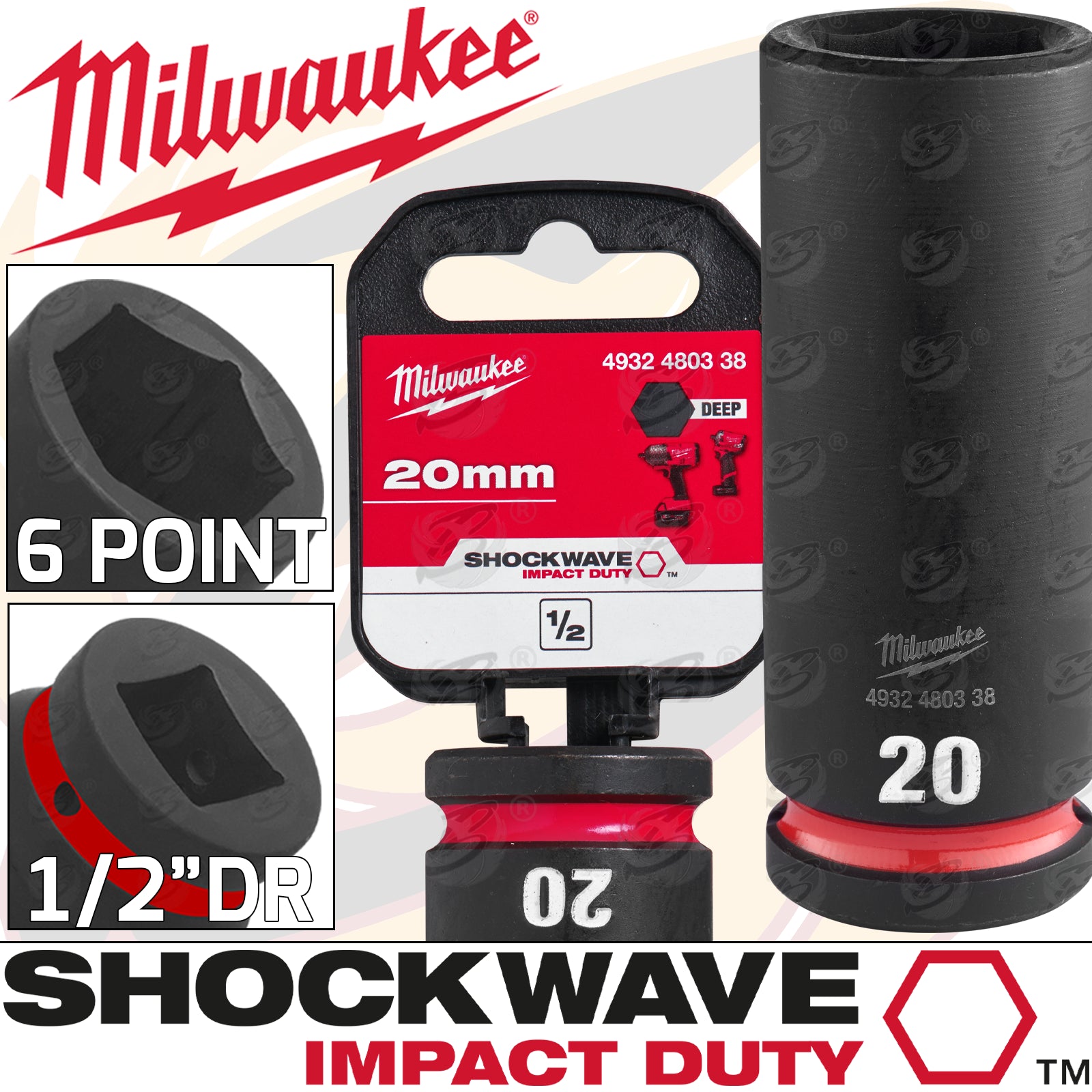 MILWAUKEE 20MM 1/2" DRIVE 6 POINT DEEP IMPACT SOCKET ( SINGLE )