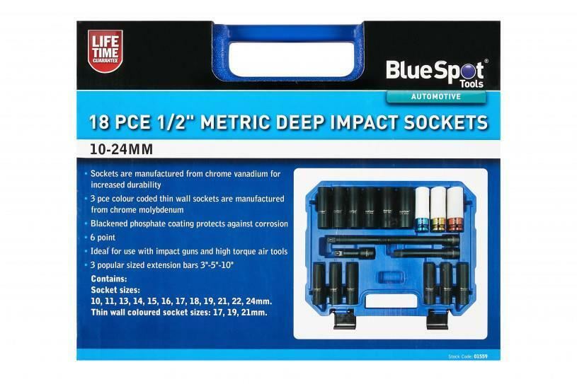 BLUESPOT 18PCS 1/2" DRIVE 6 POINT DEEP IMPACT SOCKETS & EXTENSIONS 10MM - 24MM