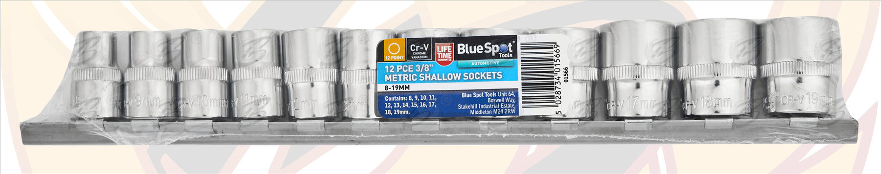 BLUESPOT 12PCS 3/8" DRIVE 12 POINT SHALLOW SOCKETS 8MM - 19MM