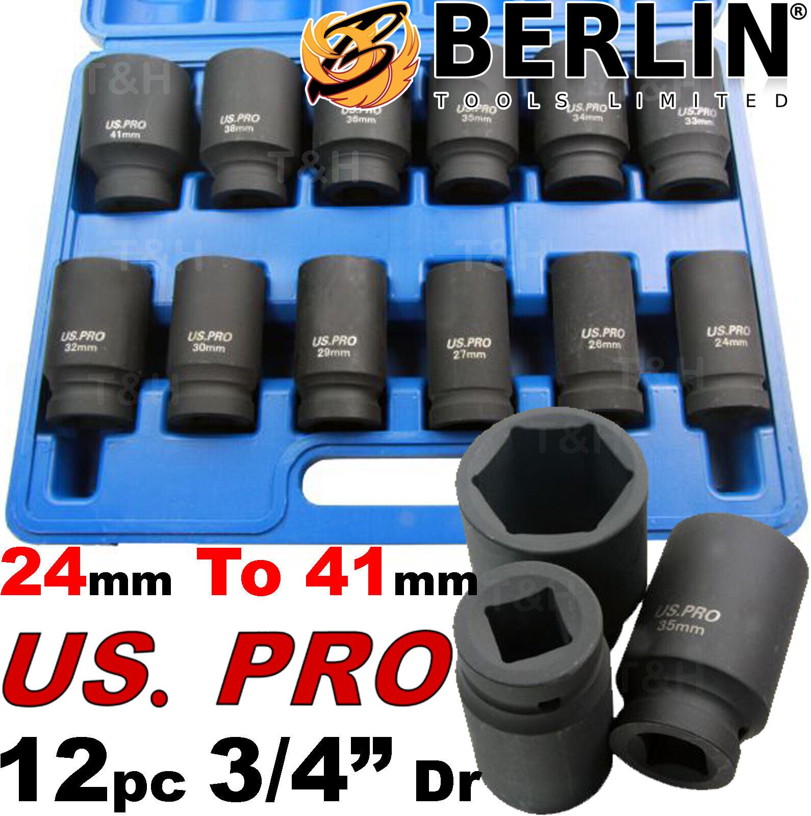 US Pro 12 Piece 3/4" Drive 6 Point Deep Impact Sockets 24mm - 41mm ( 1360 )
