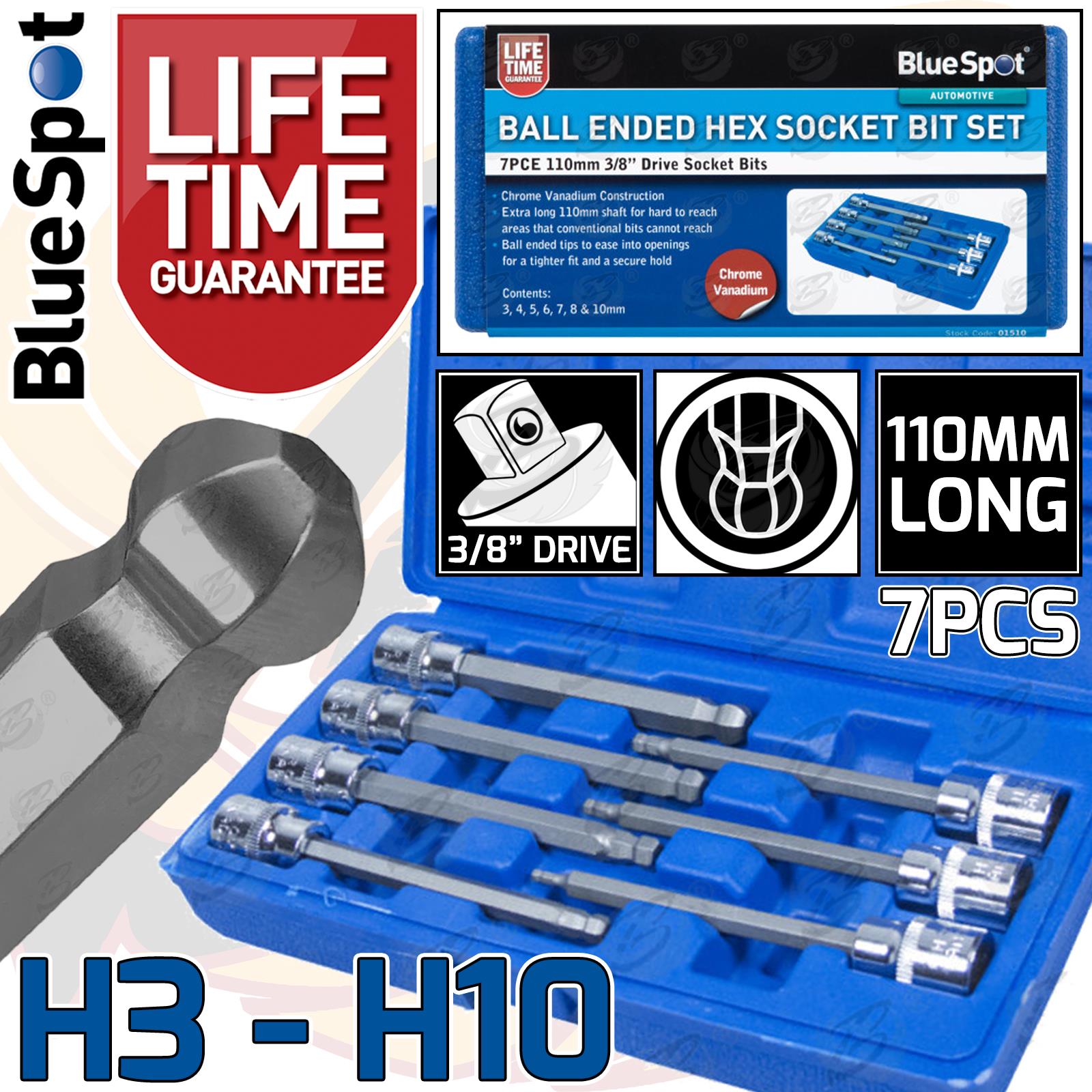 BlueSpot 7 Piece 3/8" Drive Extra Long Ball Ended Hex Bit Sockets H3 - H10 01510