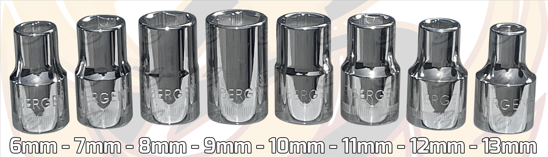 BERGEN 17PCS 3/8" DRIVE 6 POINT SHALLOW Xi - ION SOCKETS 6MM - 22MM