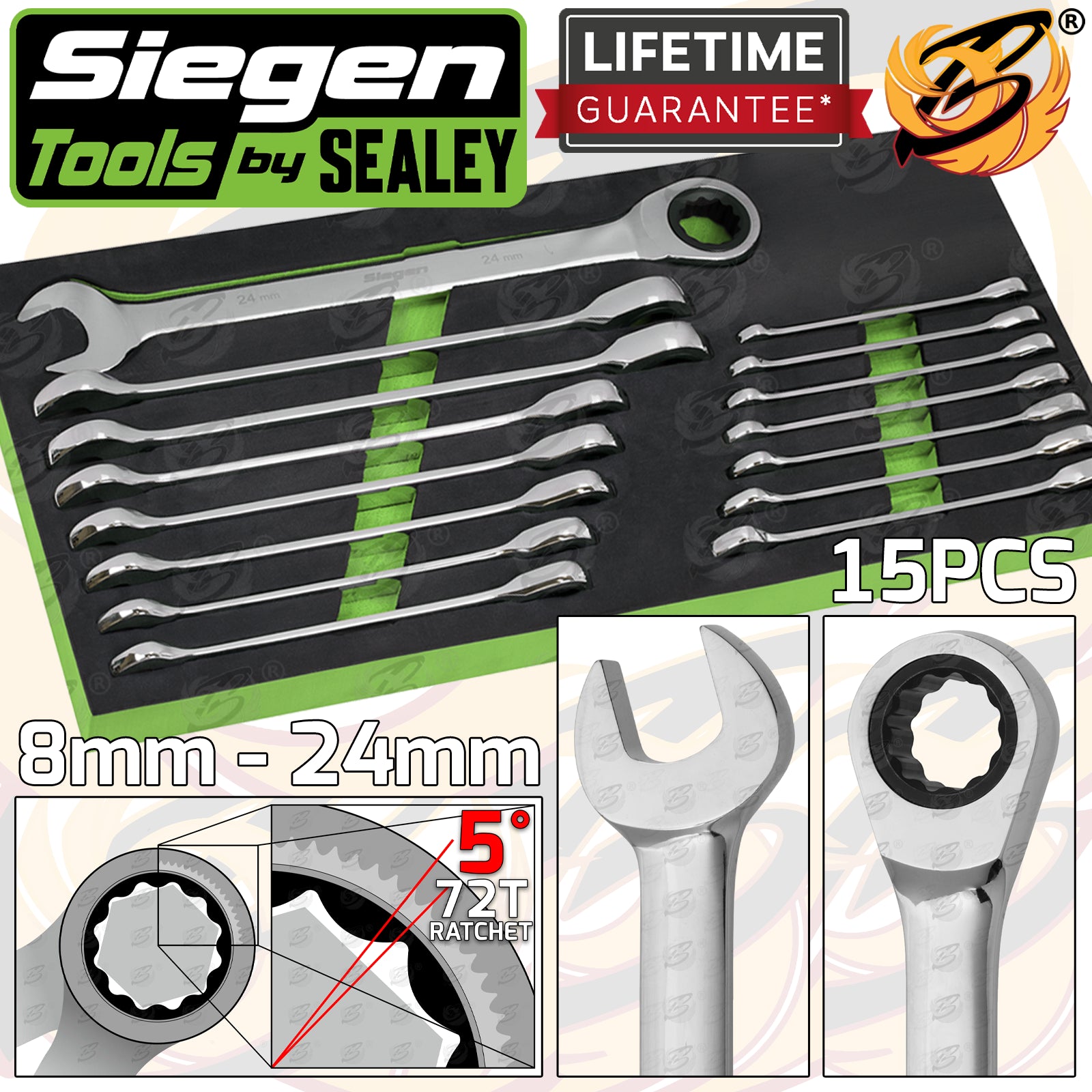SIEGEN 15PCS RATCHET COMBINATION SPANNERS 8MM - 24MM