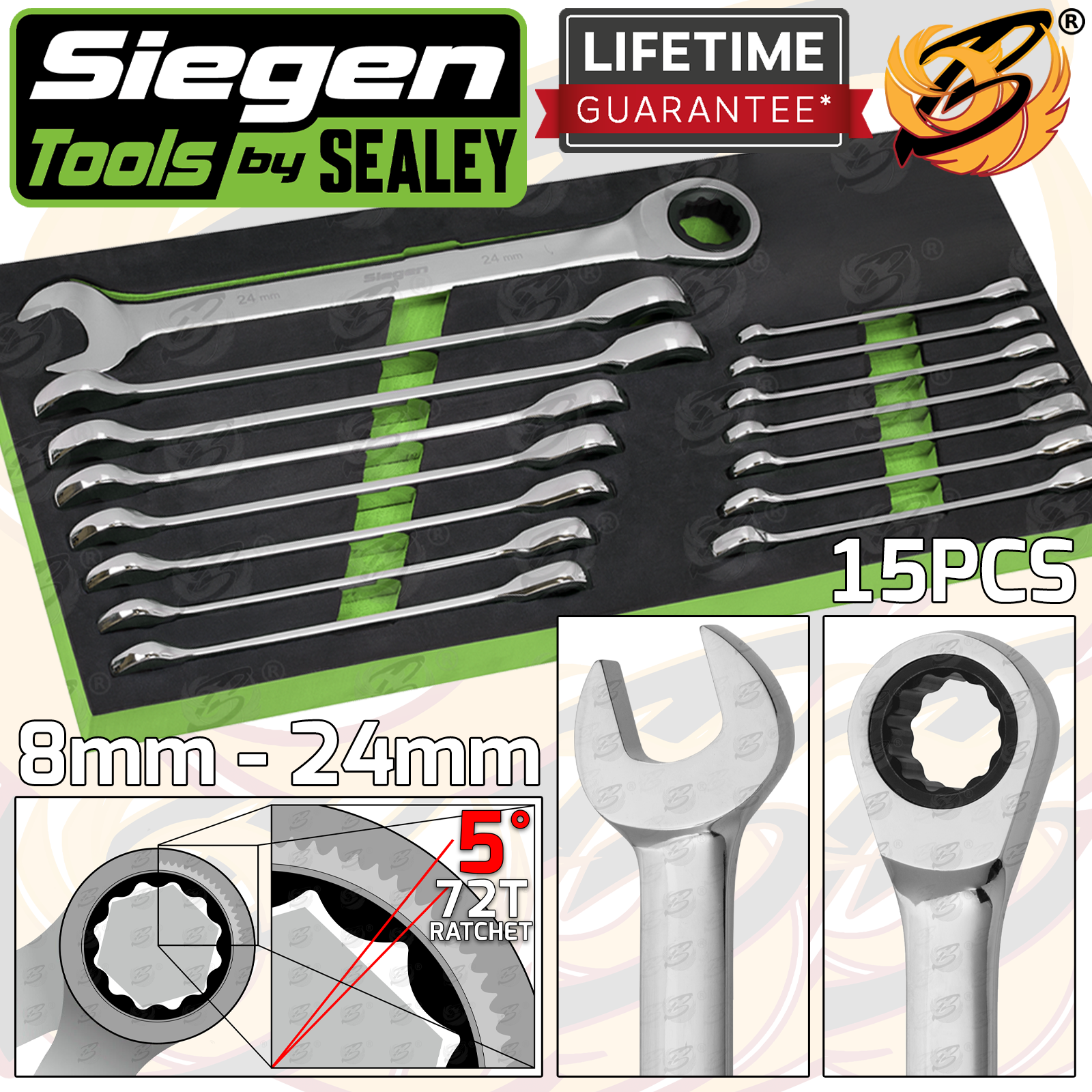 Siegen 15 Piece Combination Ratchet Spanners 8mm - 24mm S01247