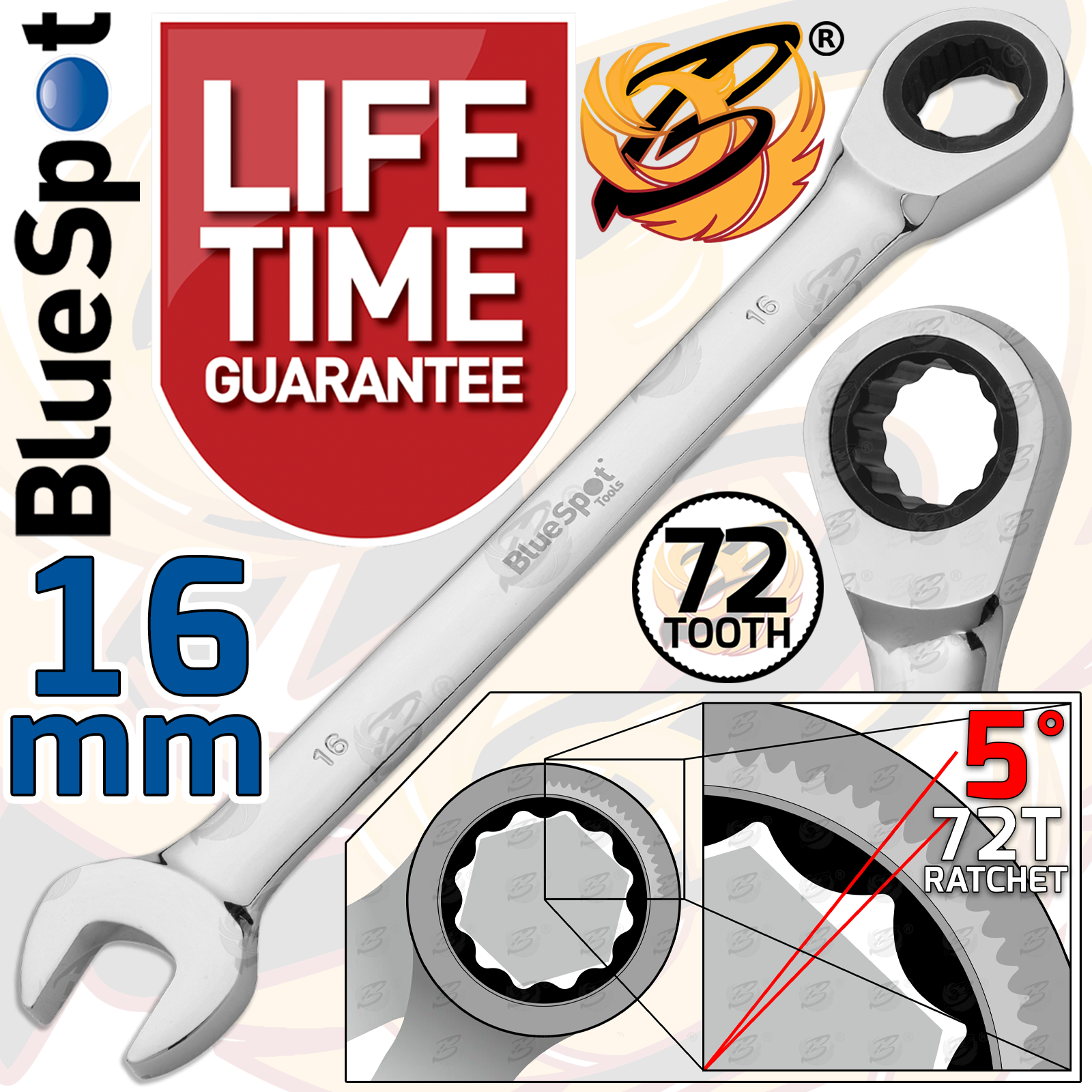 BlueSpot 16mm 72 Tooth Ratchet Spanner ( Single ) 05124