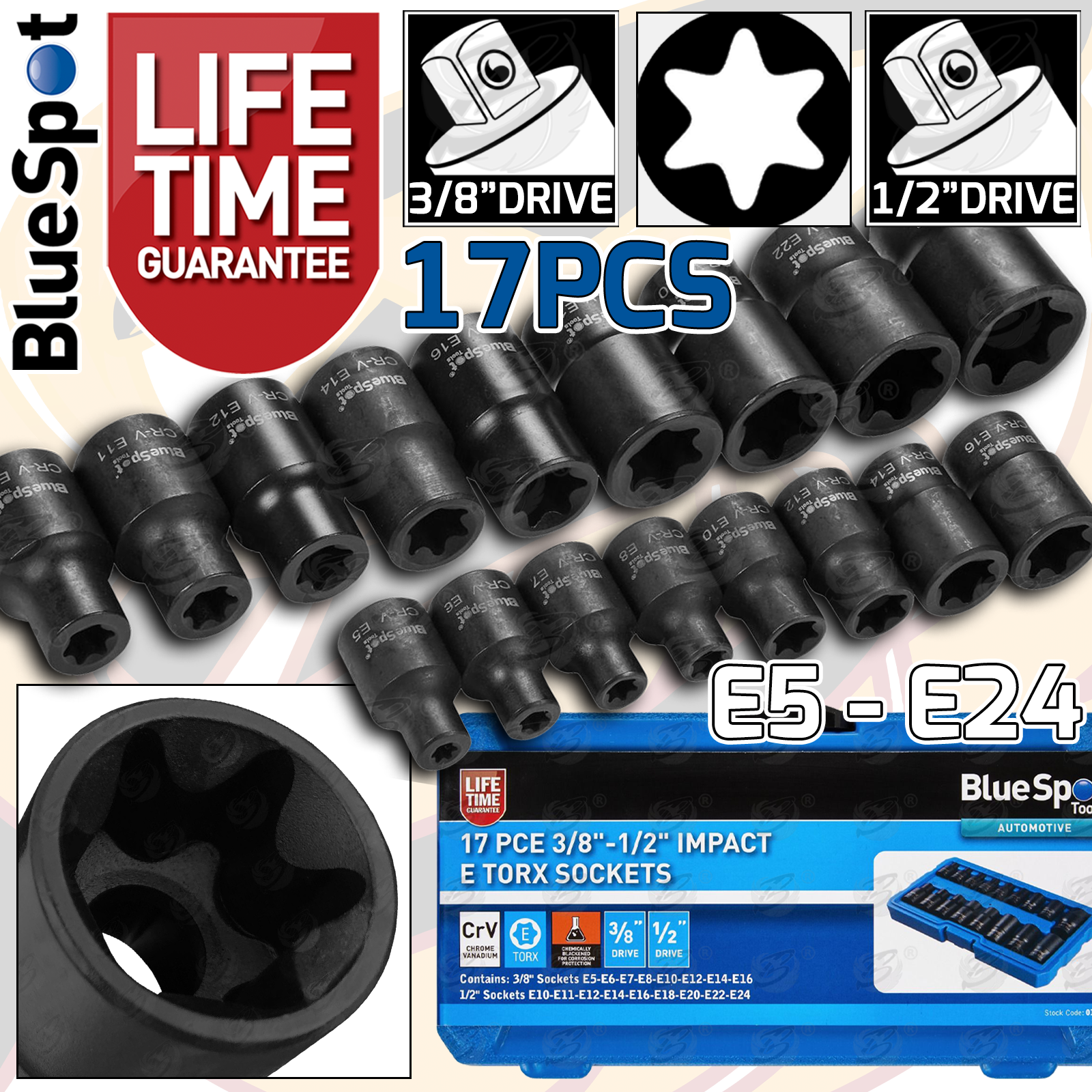 BlueSpot 17 Piece 3/8" & 1/2" Drive Impact E - Torx Sockets E5 - E24 ( 01586 )