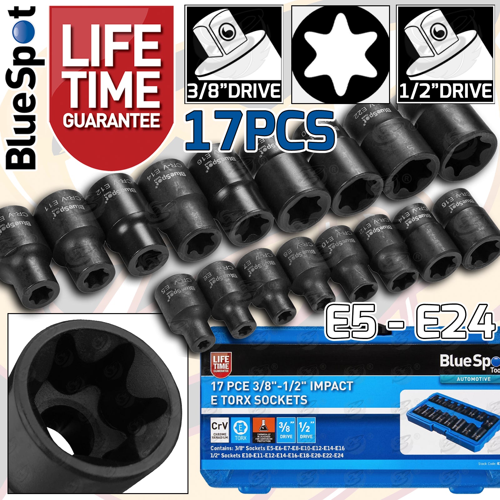 BLUESPOT 17PCS 3/8" & 1/2" DR IMPACT E - TORX SOCKETS E5 - E24