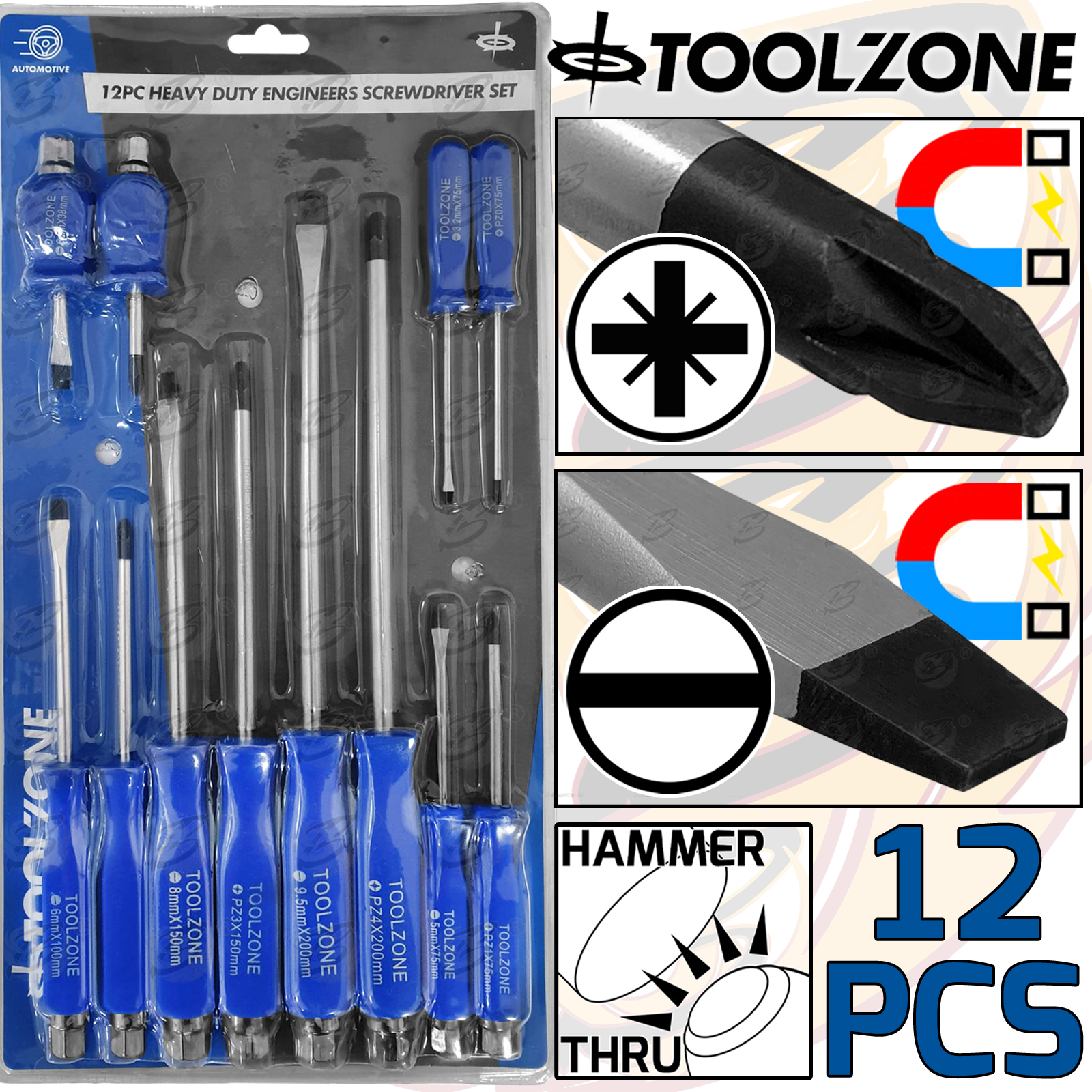 Toolzone 12 Piece Magnetic Go Through Screwdriver Set ( Slotted - Pozidrive ) ( SD190 )