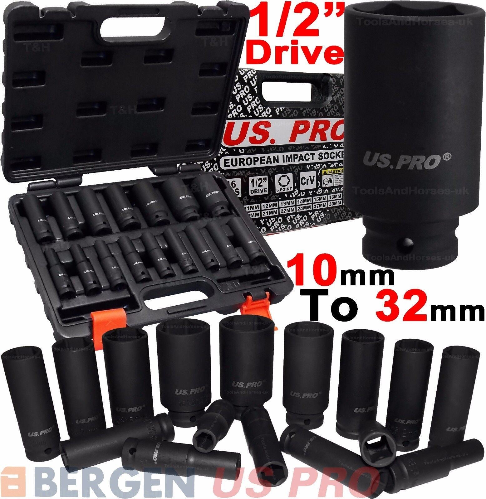 US PRO 16PCS 1/2" DRIVE 6 POINT DEEP IMPACT SOCKETS 10MM - 32MM