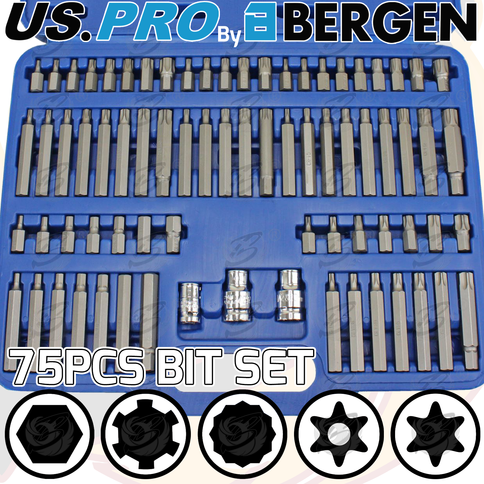 US Pro 75 Piece Hex - Torx - Spline - Ribe - Tamperproof Torx Bit Sockets ( 2068 )