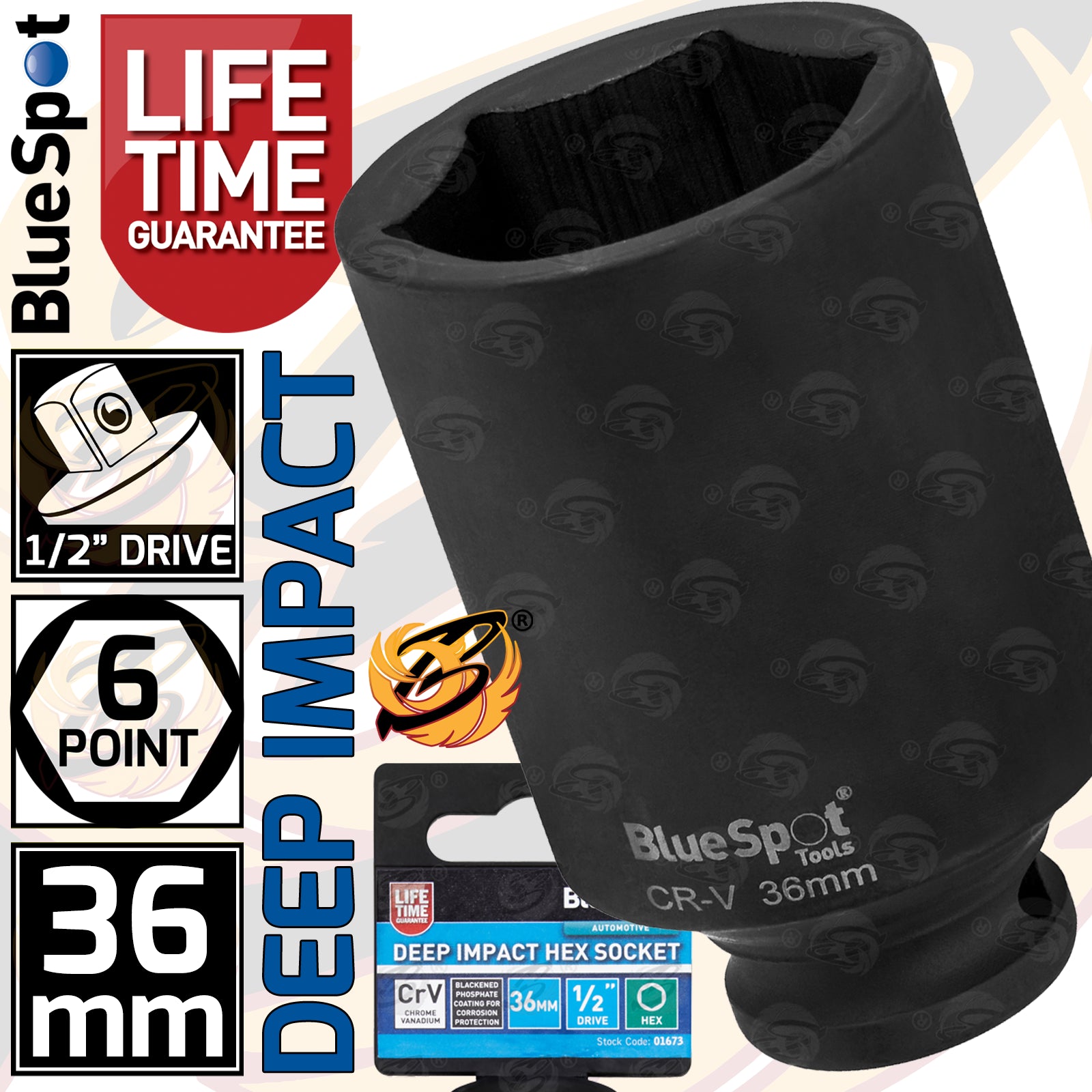 BLUESPOT 36MM 1/2" DRIVE 6 POINT DEEP IMPACT SOCKET ( SINGLE )