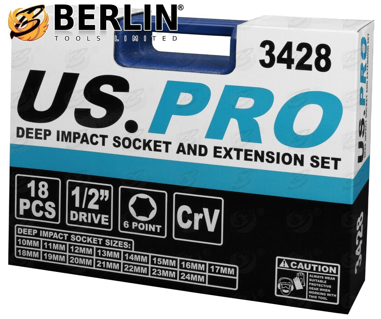 US PRO 1/2" DRIVE 6 POINT DEEP IMPACT SOCKETS & EXTENSIONS 10MM - 24MM