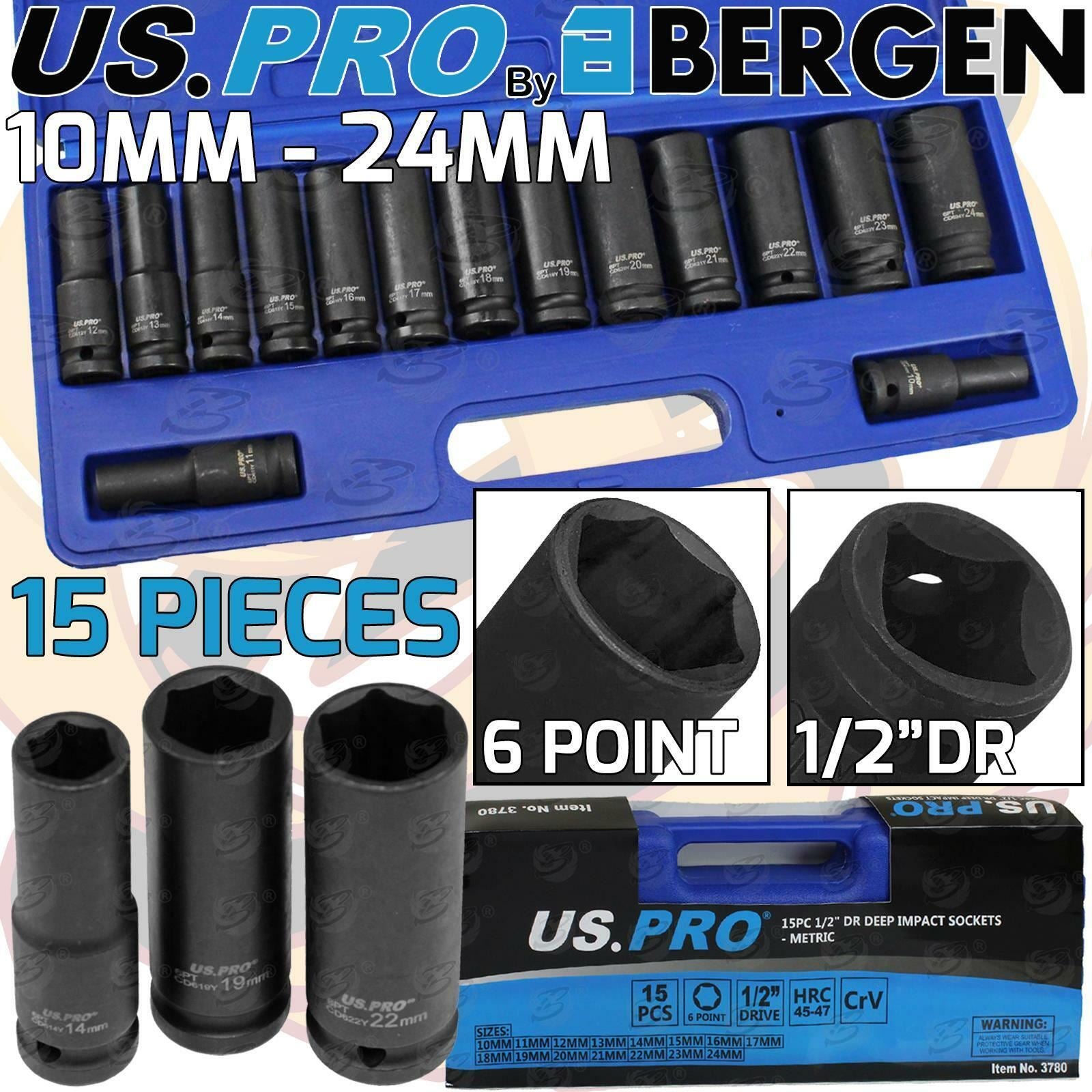 US PRO 15PCS 1/2" DRIVE 6 POINT DEEP IMPACT SOCKETS 10MM - 24MM