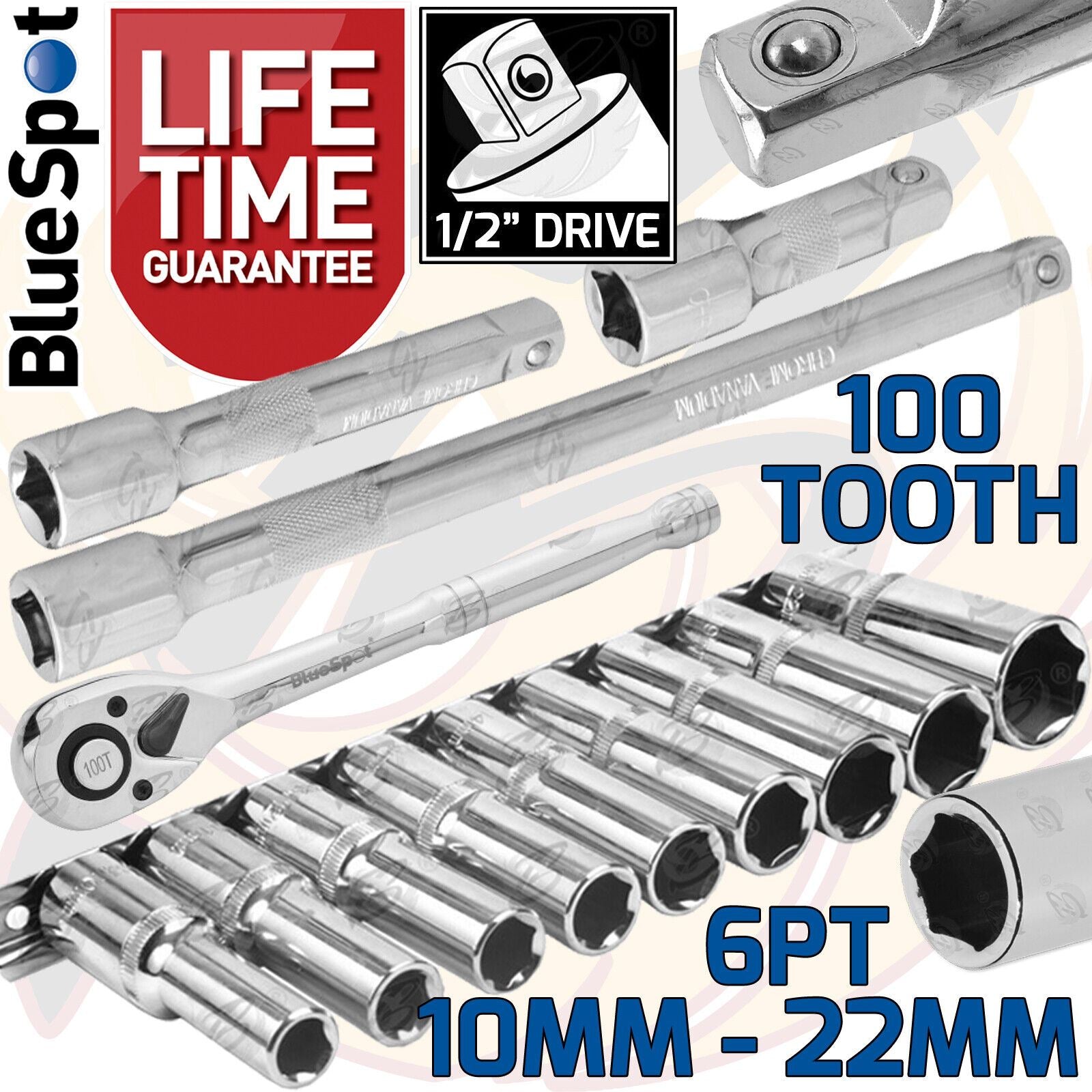 BLUESPOT 13PCS 1/2" DRIVE 6 POINT DEEP SOCKET SET 10MM - 22MM