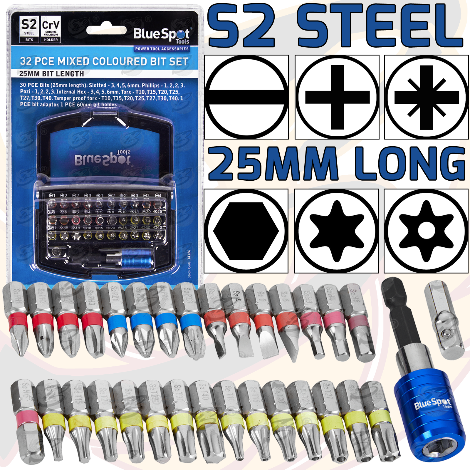 BlueSpot 32 Piece Mixed Coloured Drill Bit Set ( 14126 )