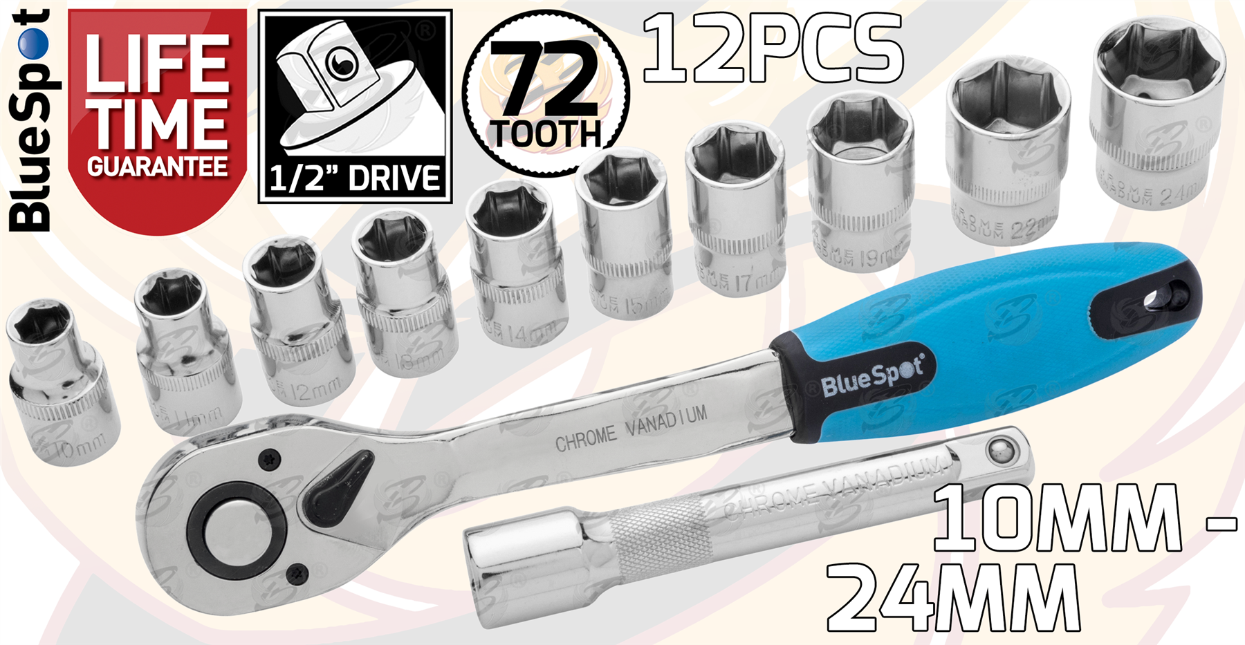 BlueSpot 12 Piece 1/2" Drive 6 Point Socket Set 10mm - 24mm ( 01500 )