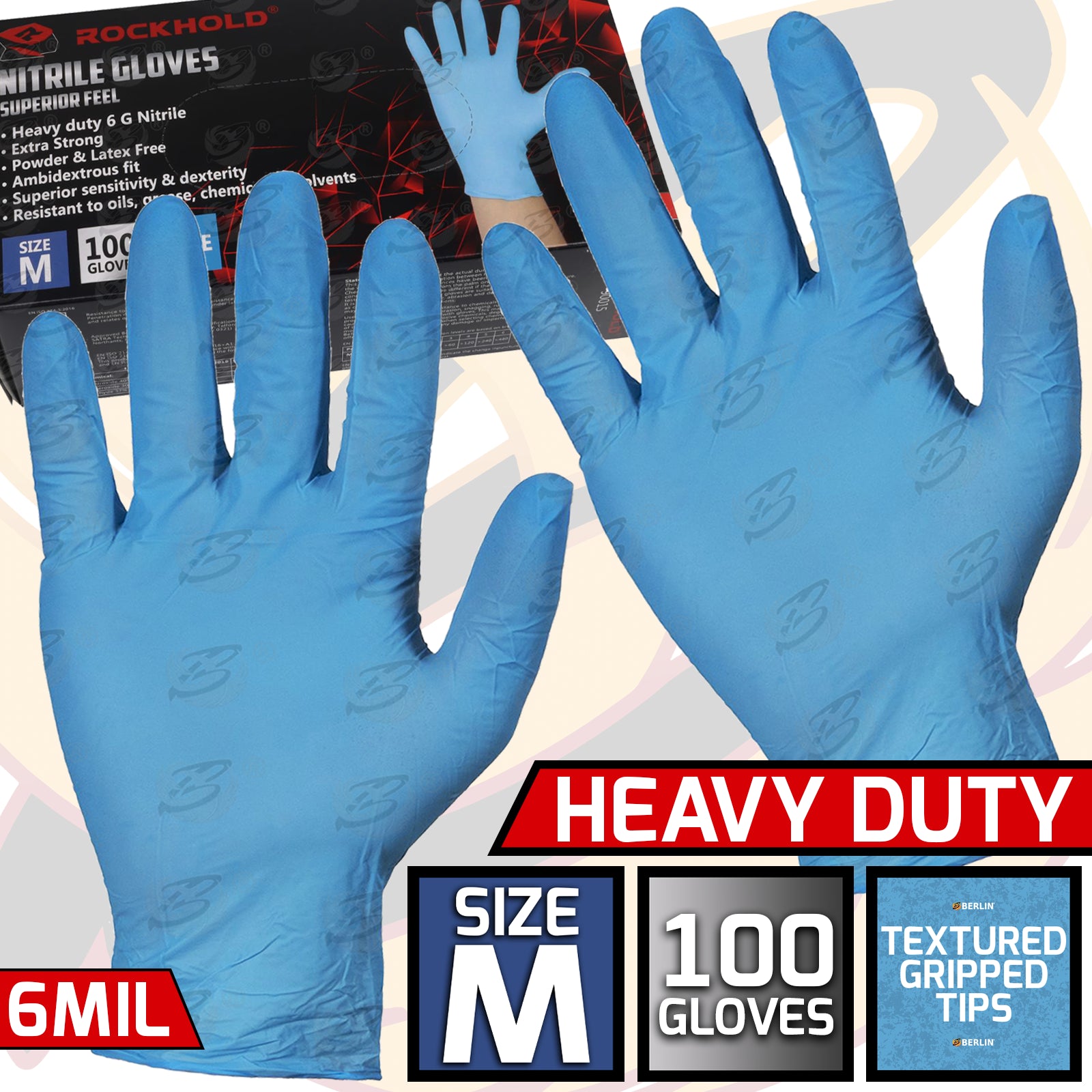 ROCKHOLD HEAVY DUTY BLUE 6 MIL NITRILE TEXTURED TIP GLOVES ( MEDIUM - 100 GLOVES )