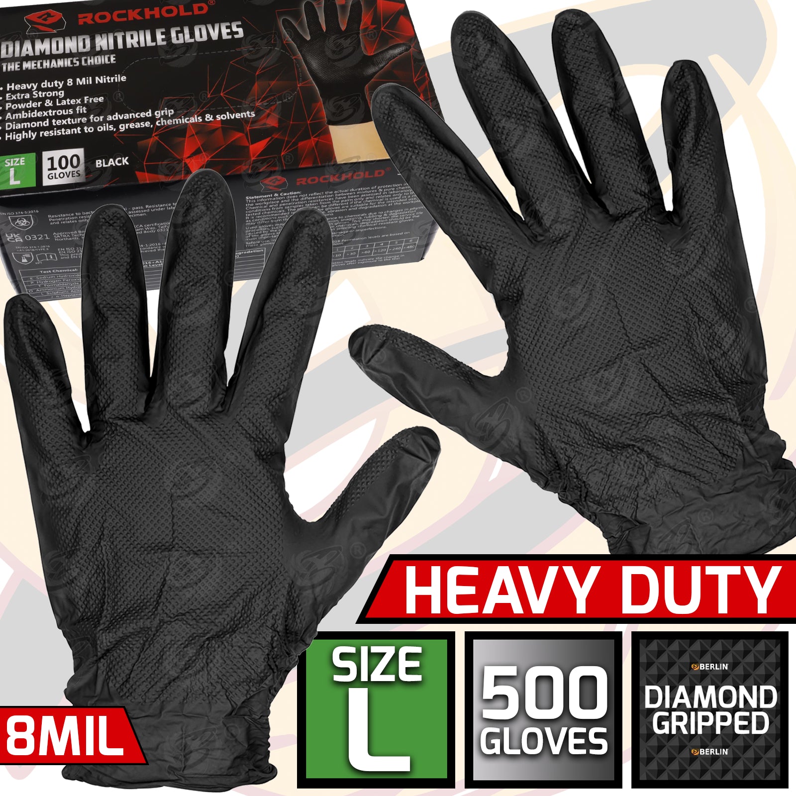 ROCKHOLD HEAVY DUTY BLACK 8 MIL NITRILE DIAMOND GRIP GLOVES ( LARGE - 500 GLOVES )