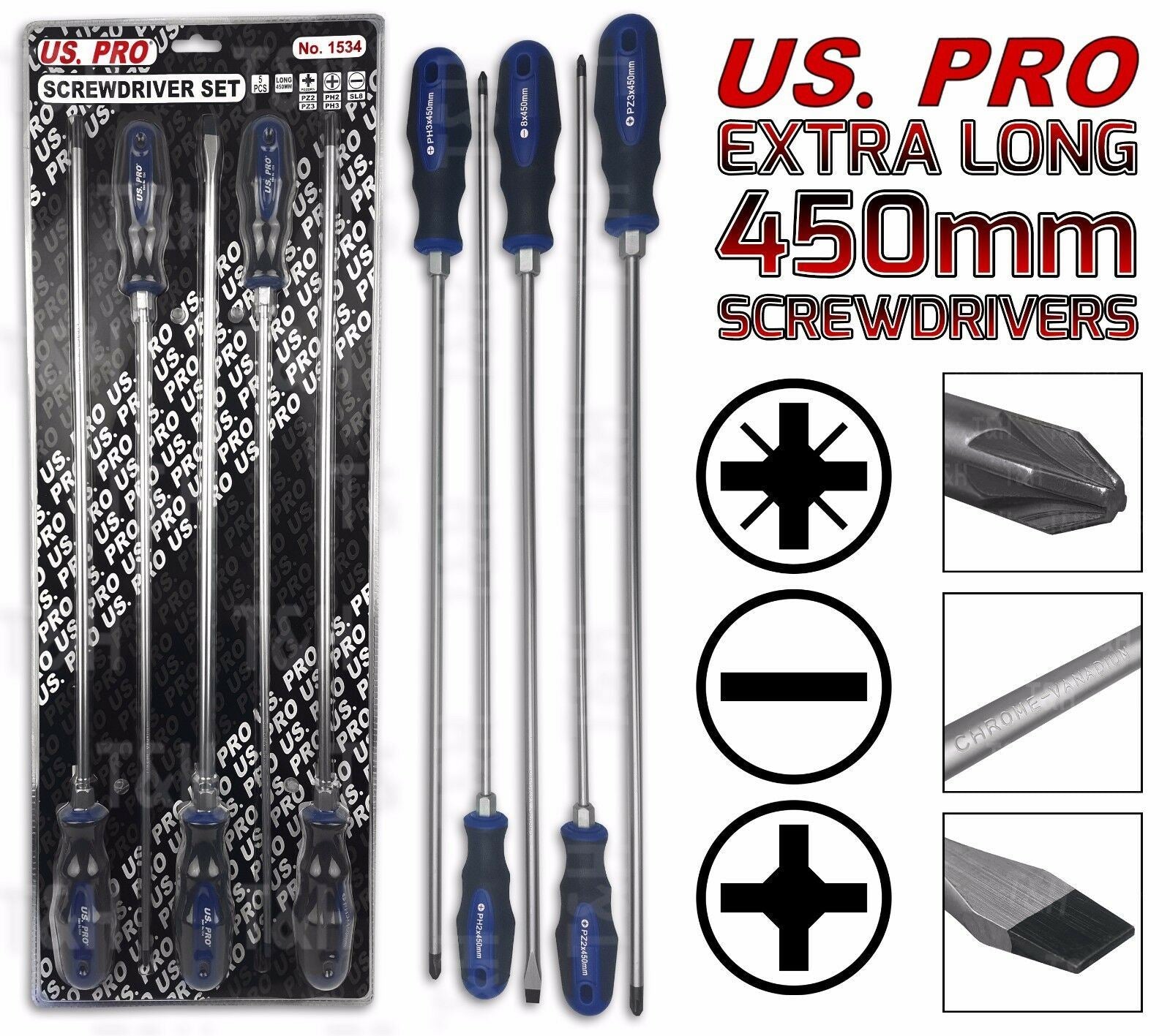 US PRO 5PCS EXTRA LONG MAGNETIC SCREWDRIVER SET ( SLOTTED - PHILLIPS - POZIDRIVE )
