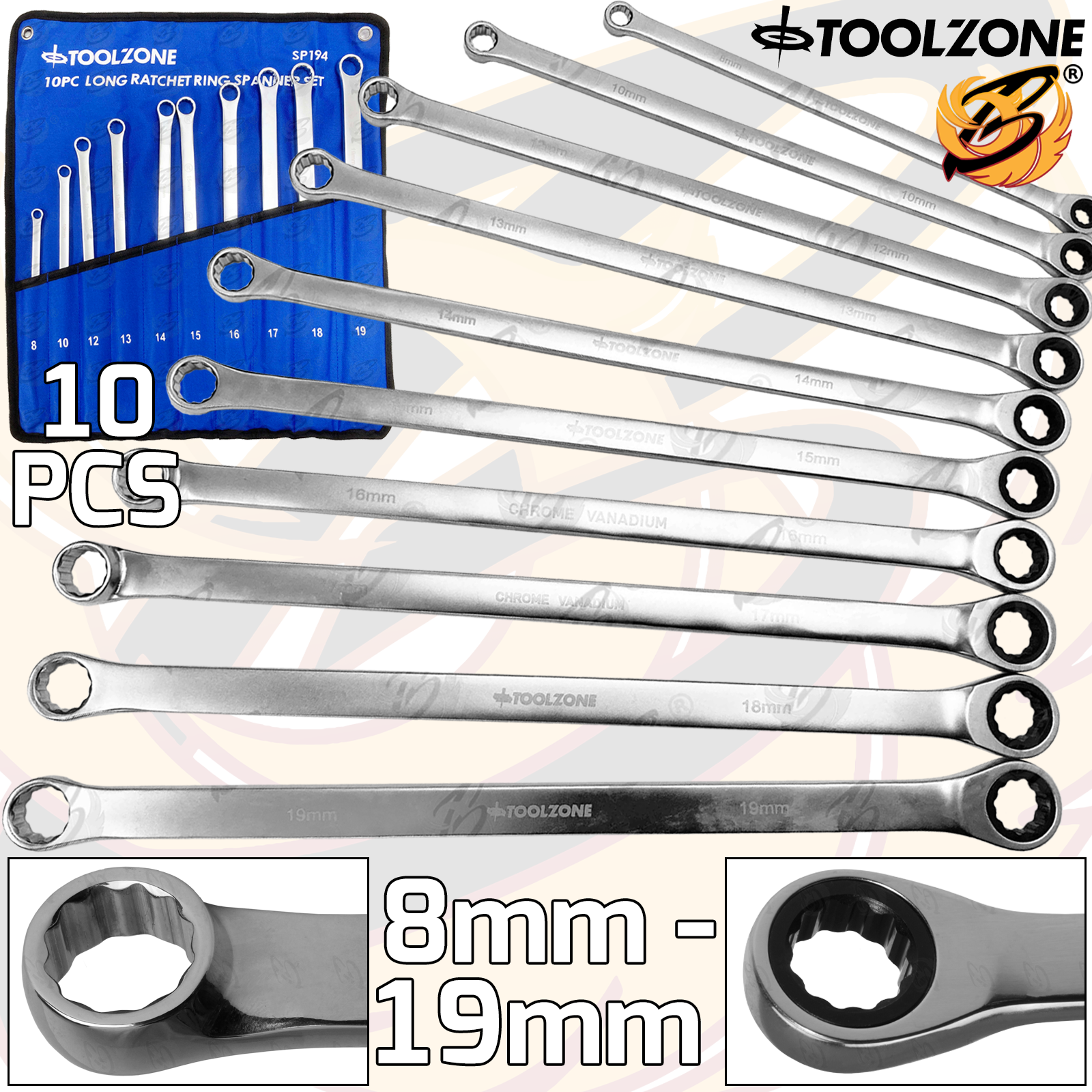 Toolzone 10 Piece Single Ring Extra Long Ratchet Aviation Spanners 8mm - 10mm ( SP194 )