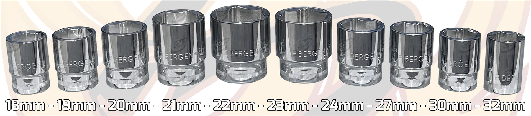 BERGEN 20PCS 1/2" DRIVE 6 POINT SHALLOW Xi - ION SOCKETS 8MM - 32MM