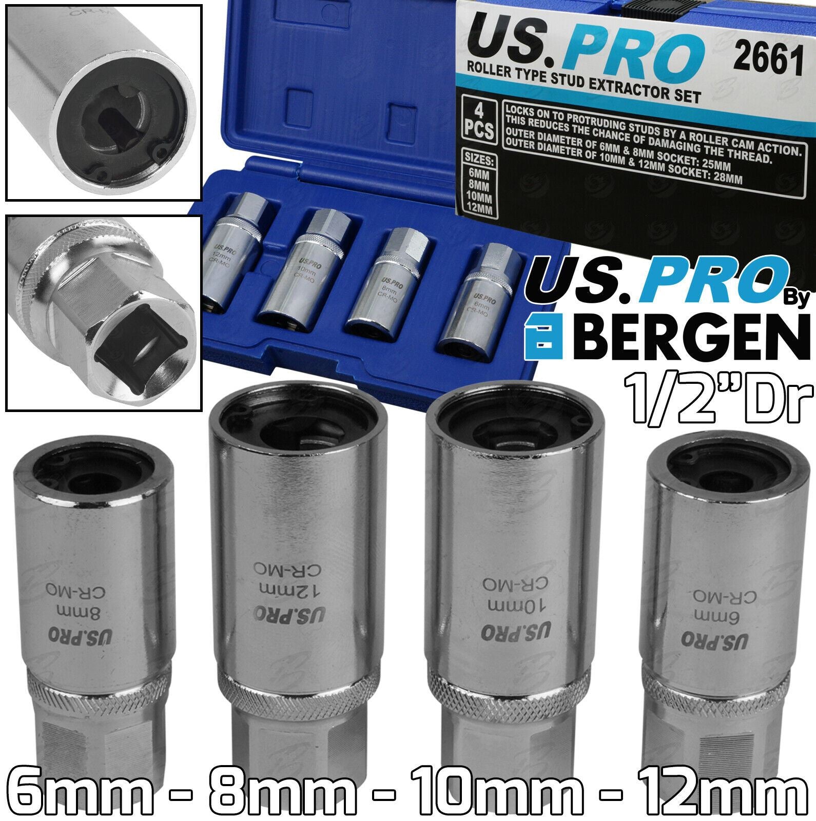 US PRO 4PCS 1/2" DRIVE ROLLER TYPE STUD EXTRACTORS 6MM - 12MM