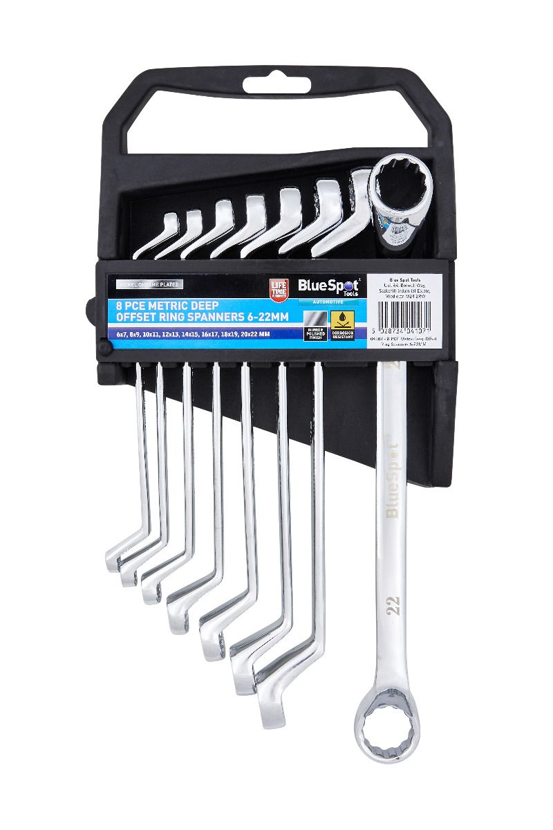 BlueSpot 8 Piece Metric Deep Offset Ring Spanners (6-22mm) With A Manufacturers LifeTime Guarantee 04107