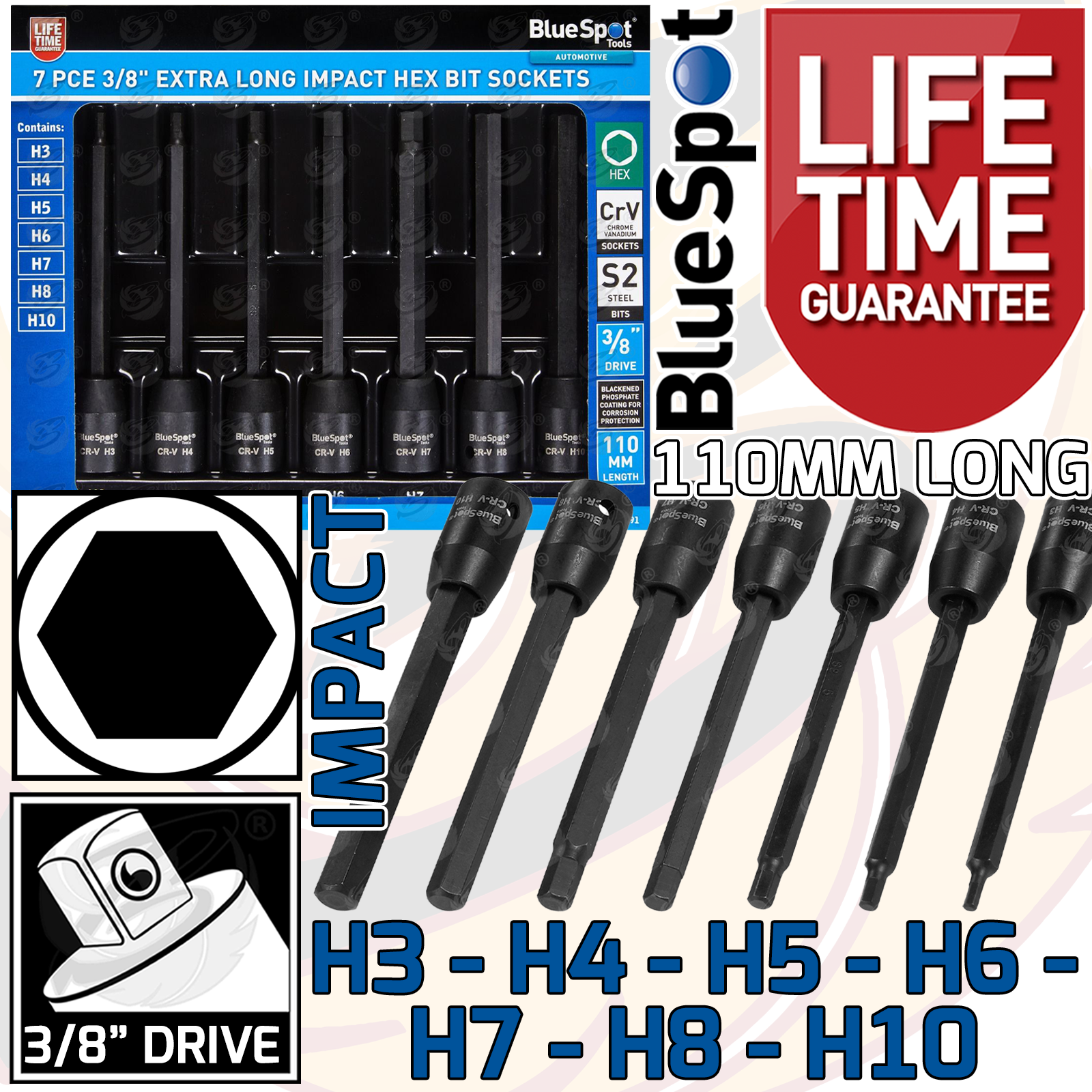 BlueSpot 7 Piece 3/8" Drive Extra Long Impact Hex Bit Sockets H3 - H10 ( 01591 )
