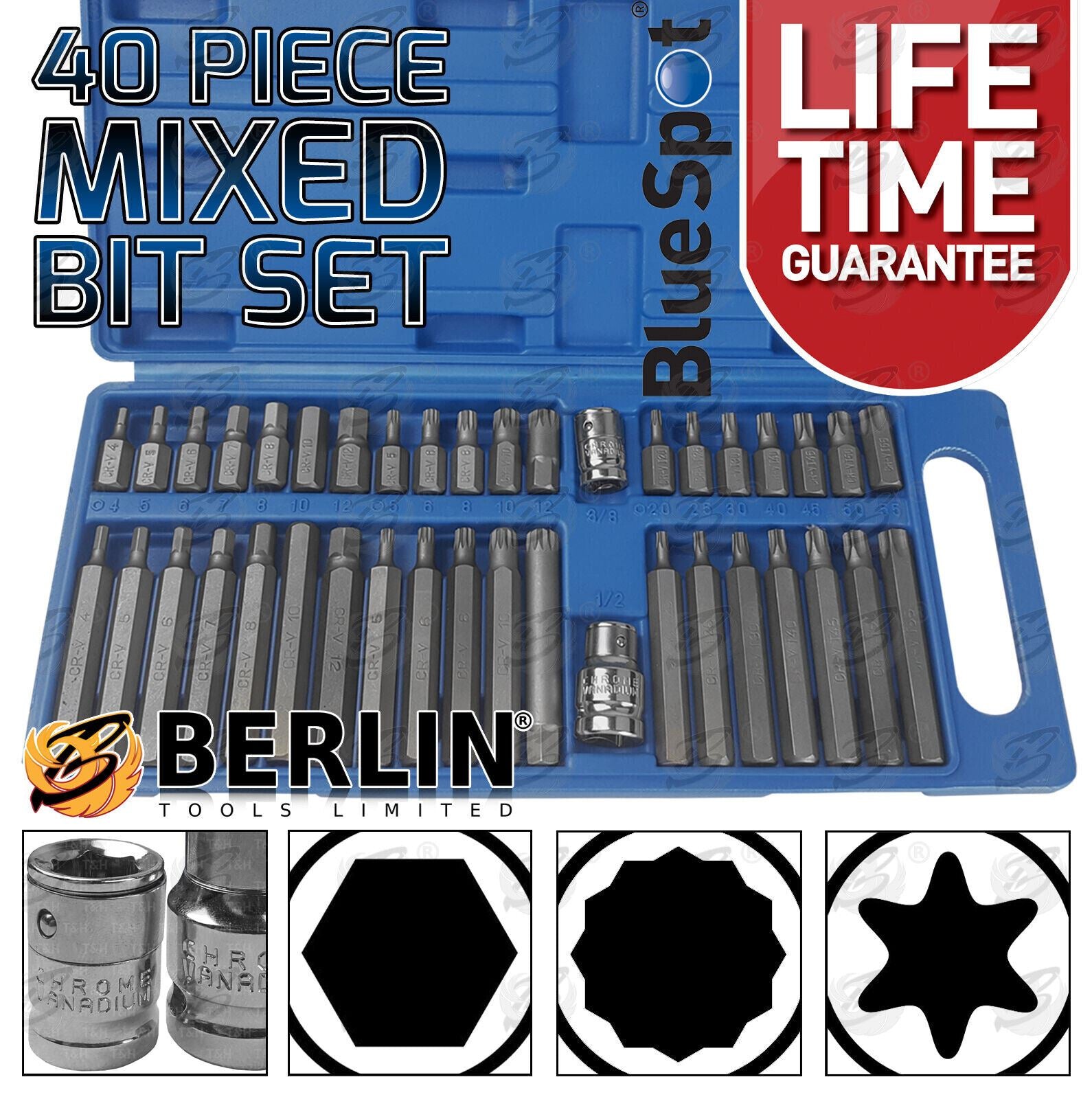 BlueSpot 40 Piece Hex - Torx - Spline Bit Sockets 01517