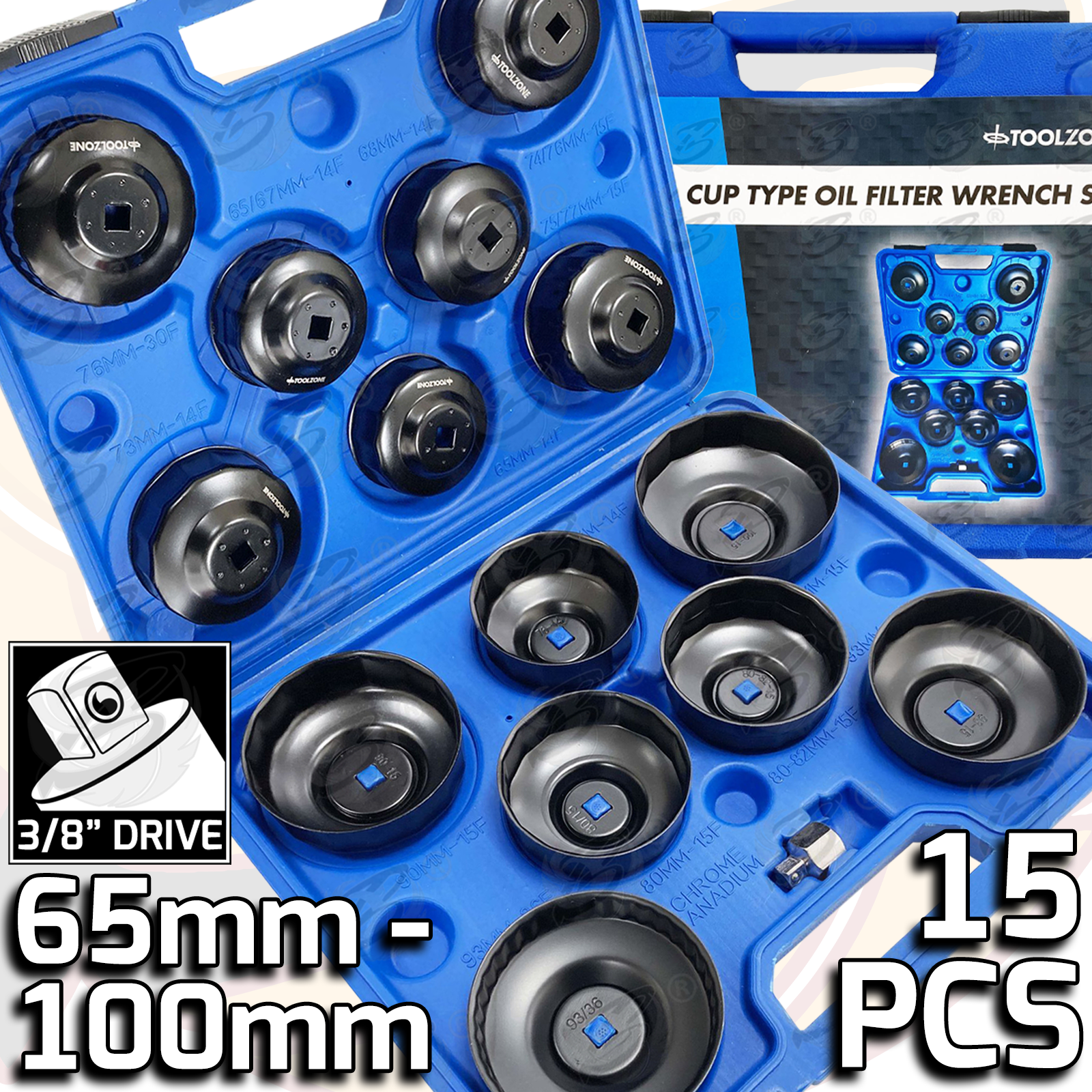 Toolzone 15 Piece 3/8" Drive "Cup Type" Oil Filter Sockets ( 65mm - 100M ) ( AU377 )