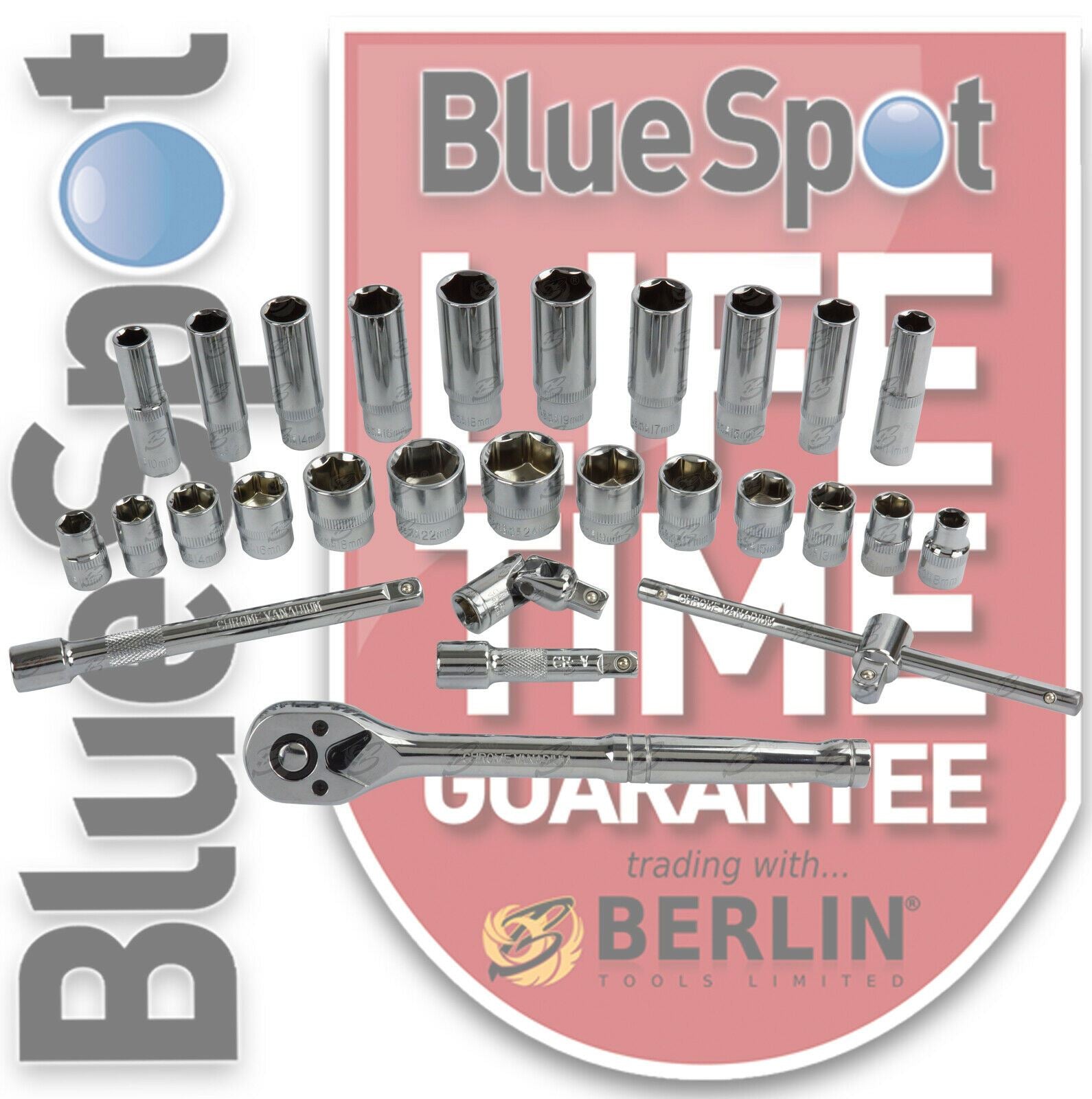 BLUESPOT 28PCS 3/8" DRIVE 6 POINT SOCKET SET 8MM - 24MM