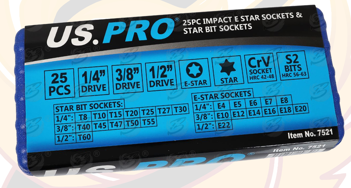 US Pro 25 Piece 1/4" & 3/8" & 1/2" Drive Impact Torx & E - Torx Sockets ( E4 - E22 ) ( T8 - T60 ) ( 7521 )