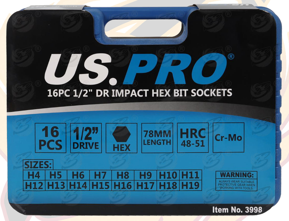US PRO 16PCS 1/2" DRIVE IMPACT HEX BIT SOCKETS H4 - H19