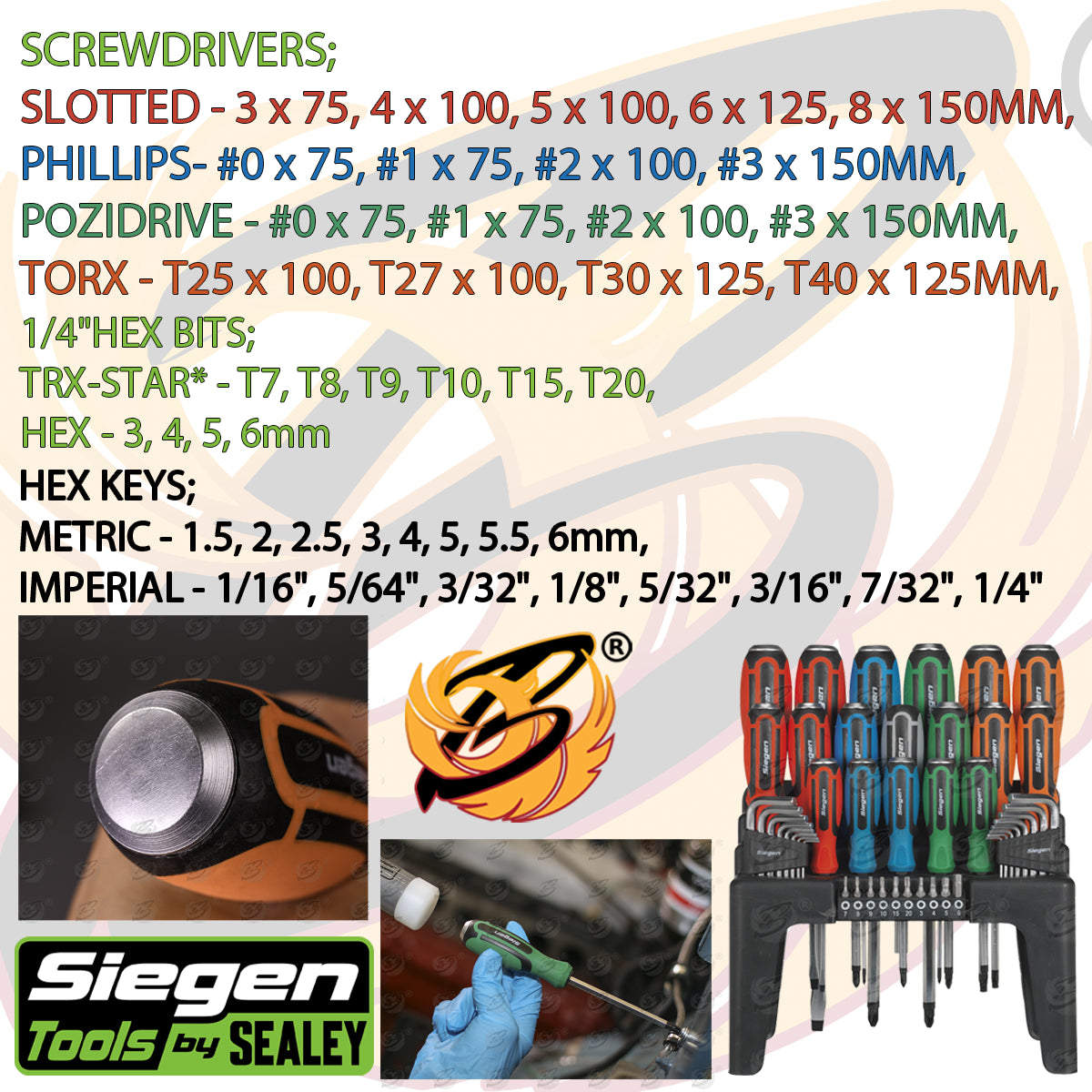 SIEGEN 44PCS MAGNETIC, HAMMER THRU SCREWDRIVER, HEX KEY & BIT SET