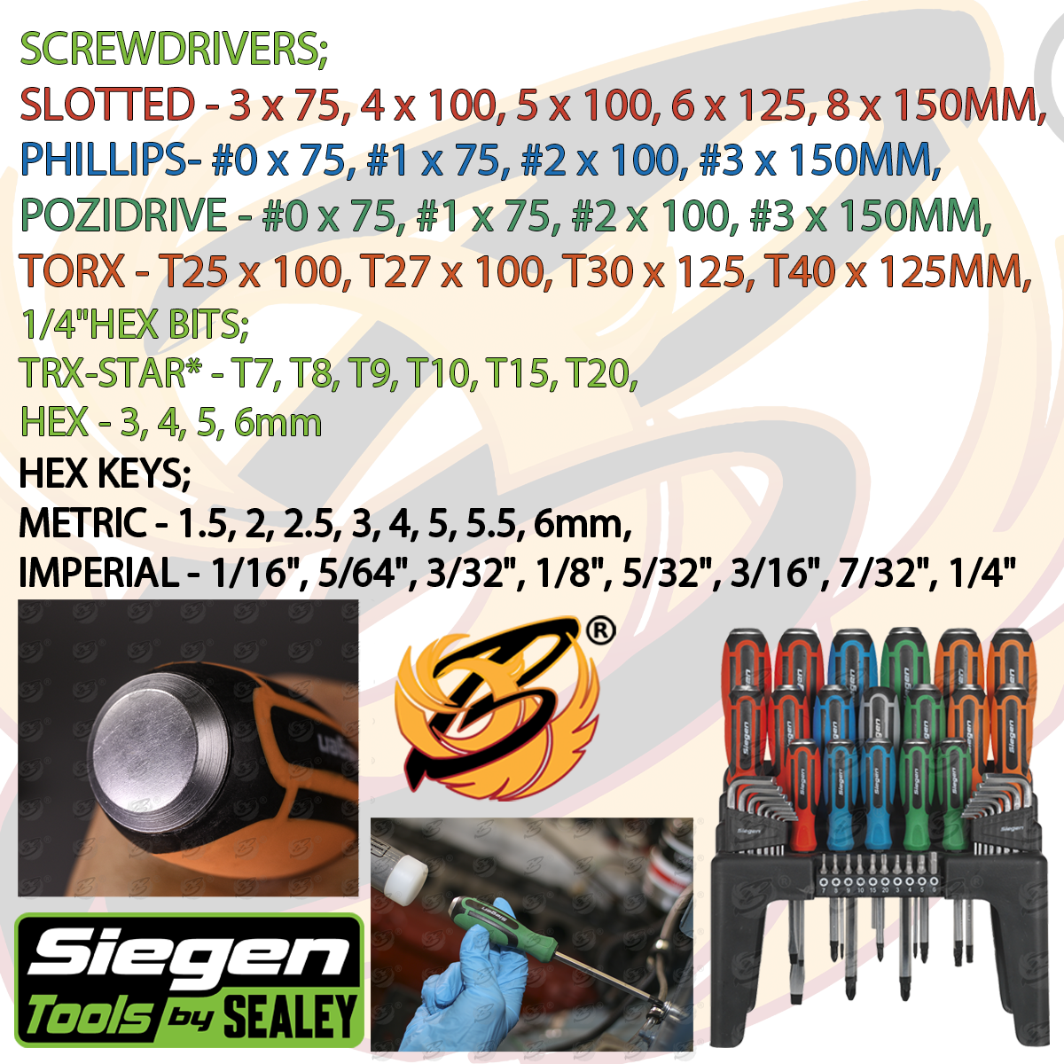 Siegen 44 Piece Magnetic, Hammer Thru Screwdriver - Hex Key & Bit Set S01106