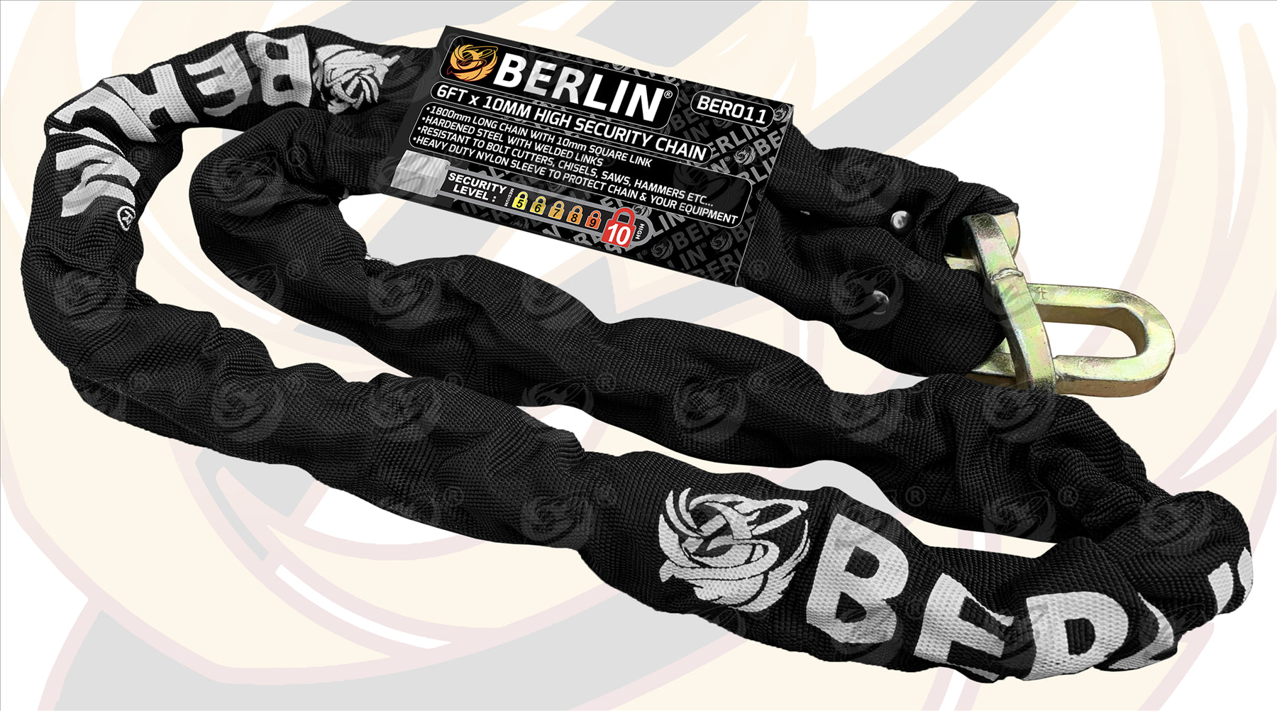 BERLIN 6FT LONG 10MM LINKS SECURITY CHAIN WITH 94MM HIGH SECURITY PADLOCK