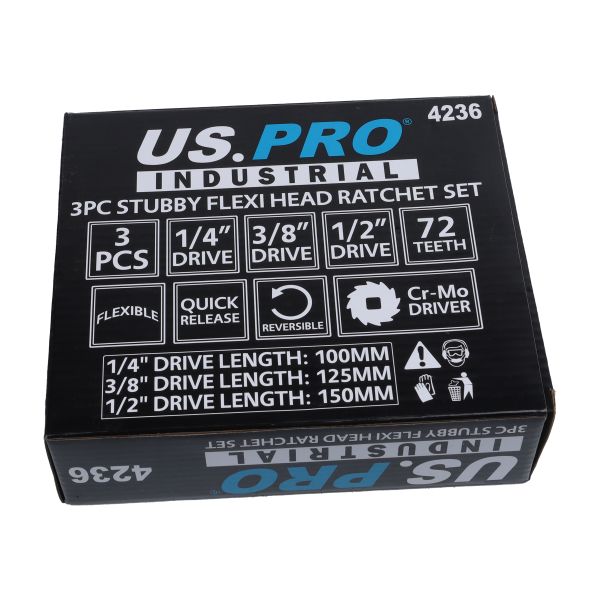 US Pro 3 Piece Stubby Flexi Head Ratchet Set 1/4" - 3/8" - 1/2" 4236