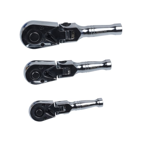 US Pro 3 Piece Stubby Flexi Head Ratchet Set 1/4" - 3/8" - 1/2" 4236
