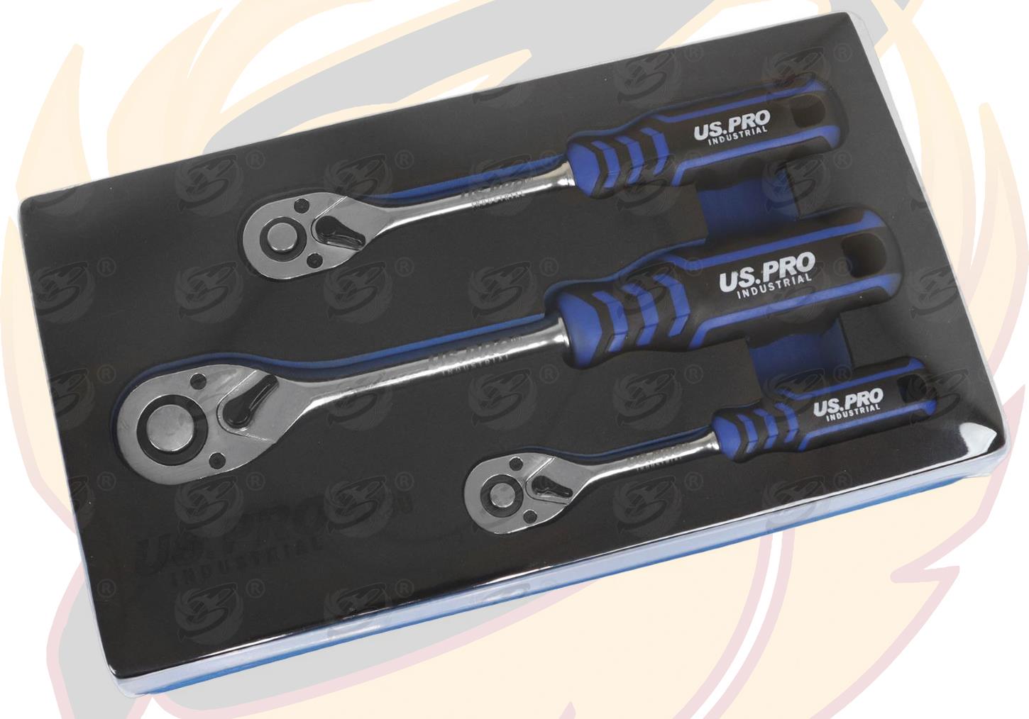 US Pro Industrial 3 Piece 1/4" & 3/8" & 1/2" Drive 90 Tooth Curved Ratchet Handles 4230