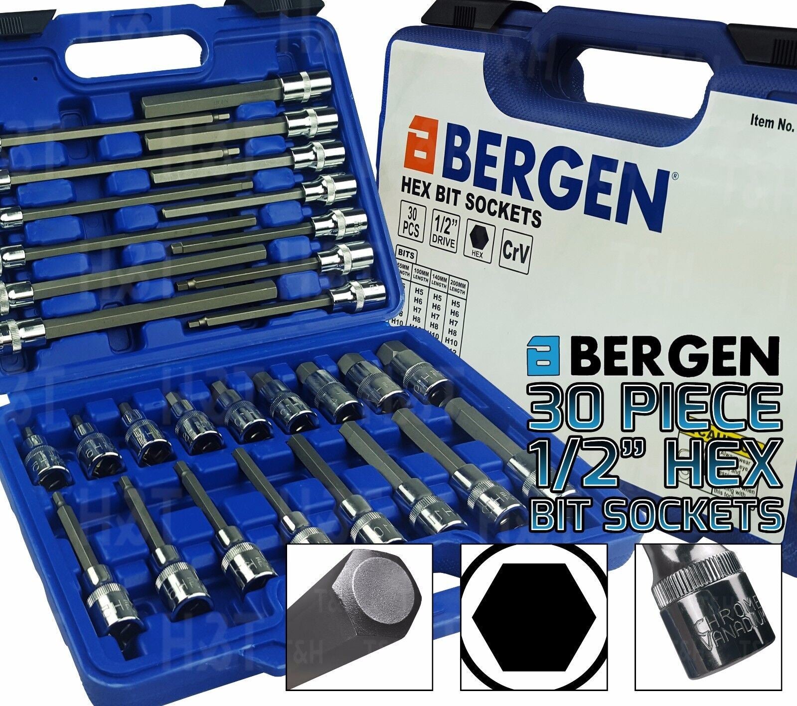 US Pro 30 Piece 1/2" Drive Hex Bit Sockets H5 - H19 3229